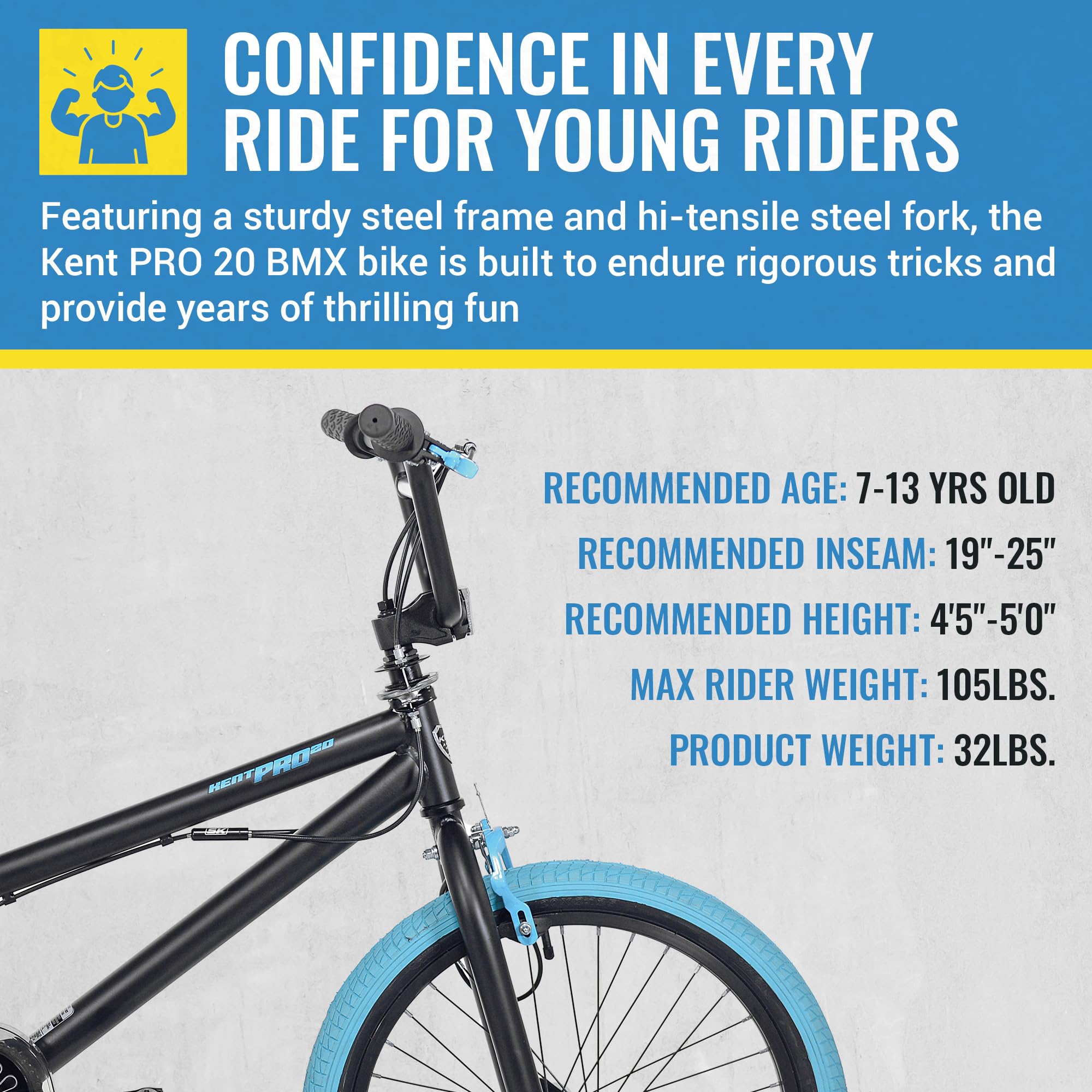 Kent International Pro 20-20 Inch Bmx Bike With Front & Rear Hand Brakes And Padded Bmx Saddle - Sturdy Bicycle For Kids With Ad