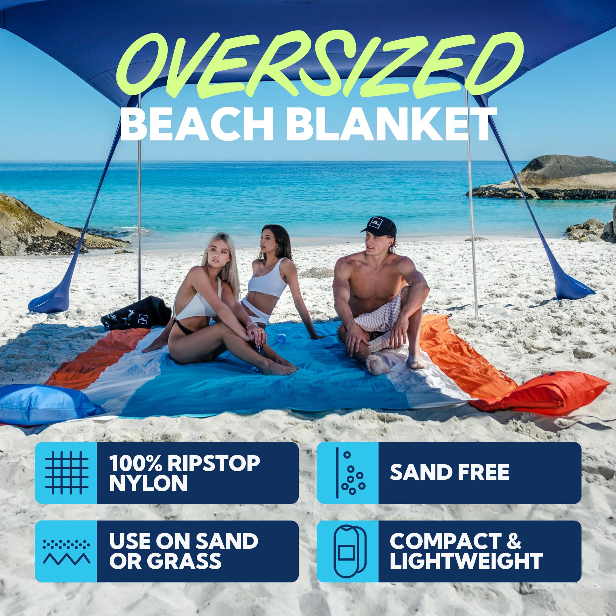 Sun Ninja Sand Free Beach Blanket - Outdoor Blanket, Beach Mat & Accessories - 10Ft X 9Ft Lightweight Blanket With Storage, Bott
