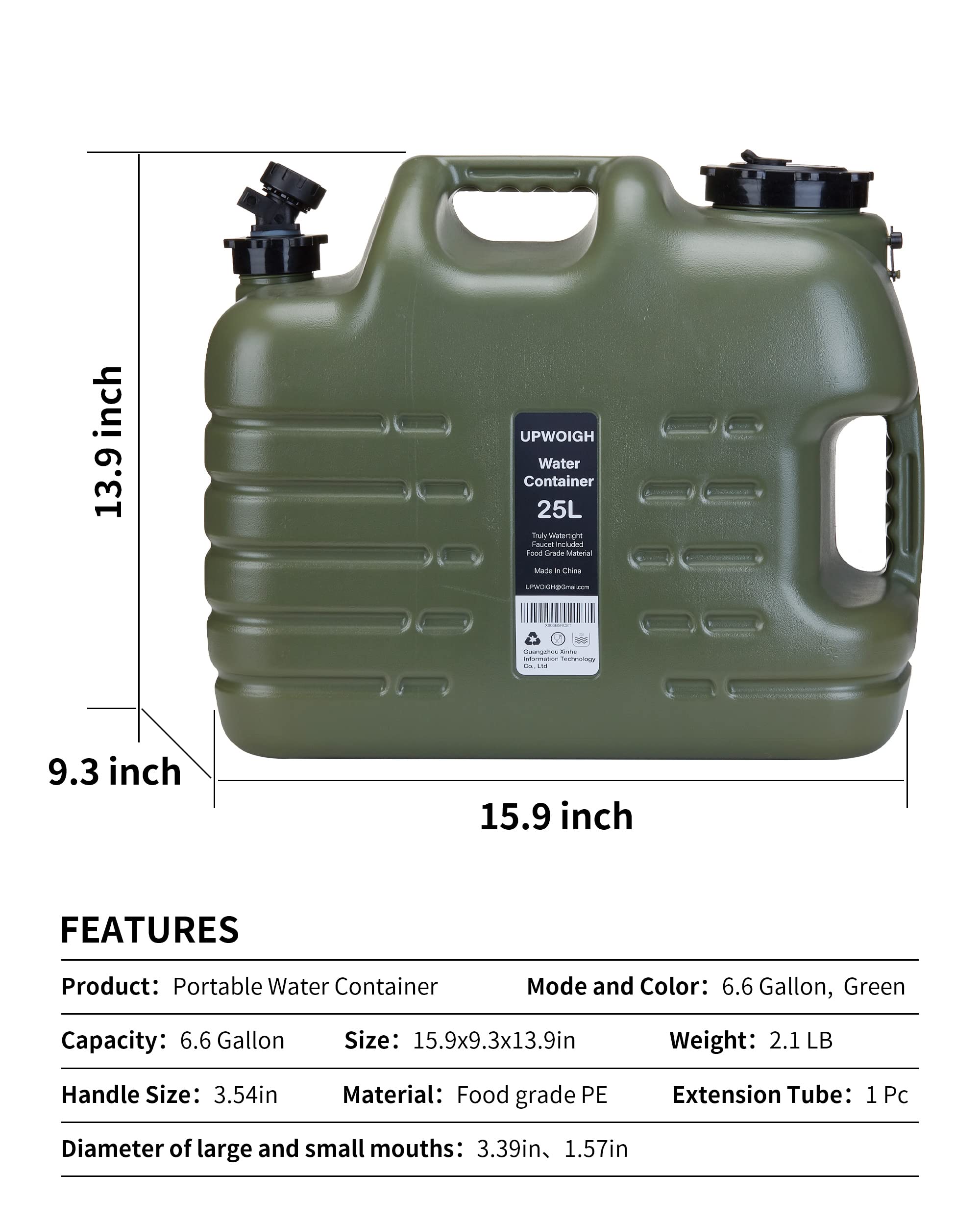 Upwoigh Camping Water Container, 6.6 Gallon Big Water Containers Jug, Truly No Leakage Water Storage, Military Green Water Tank,