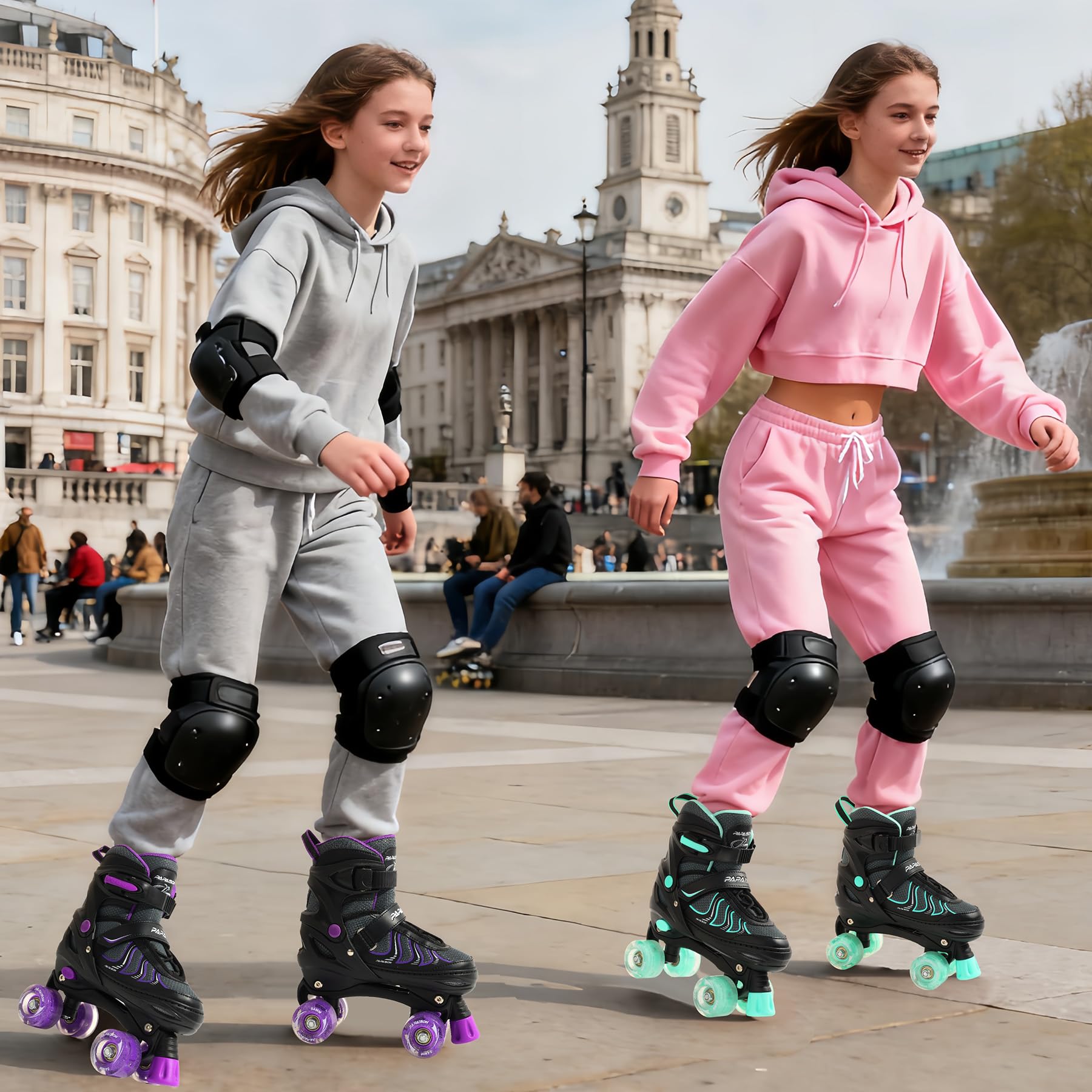PAPAISON Roller Skates for Girls Ages 8-12, Adjustable Size Youth Women Quad Skates with Light up Wheels Indoor Outdoor