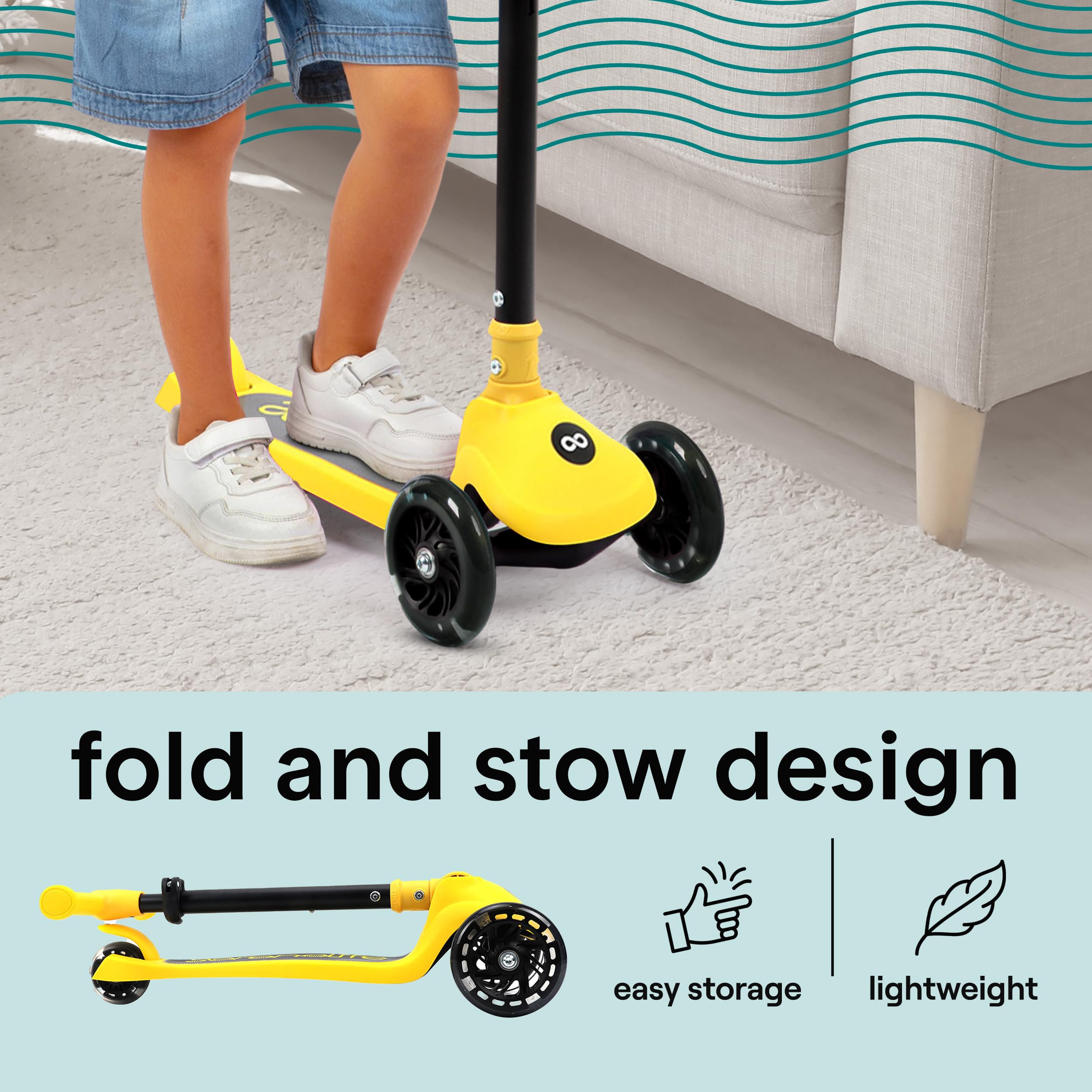 SereneLife 3 Wheel Scooter for Toddlers and Kids - Foldable Kid Scooter with LED Wheels, Adjustable Handlebar, Rear Brake, Anti-