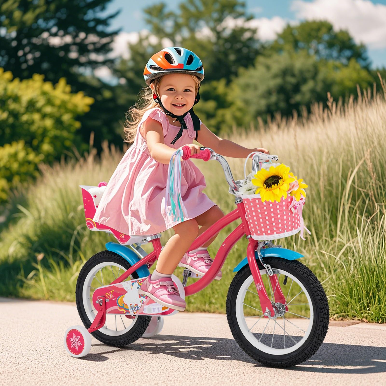 Baby Joy Kids Bike, 14 Inch Children Bicycle W/Basket, Doll Seat, Colorful Streamers, Training Wheels, Adjustable Seat & Handleb