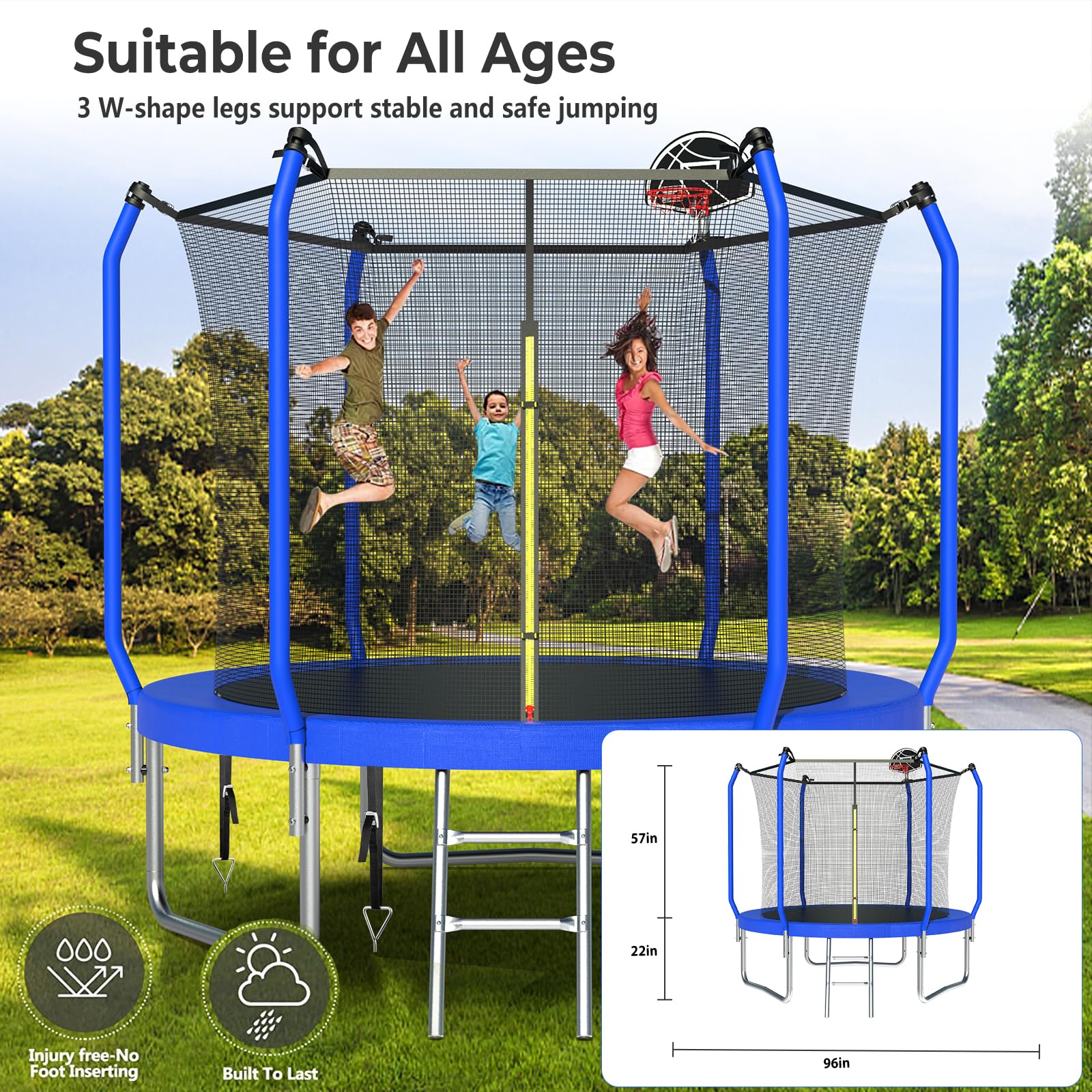 Lyromix Upgraded 8FT Trampoline for Kids and Adults, Large Outdoor Trampoline with Basketball,Stakes, Light, Sprinkler,Basketbal