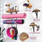 Bikoney Yoga Mat Holder Wall Mount Yoga Mat Storage Home Gym Accessories With Wood Floating Shelves And 4 Hooks For Hanging Foam