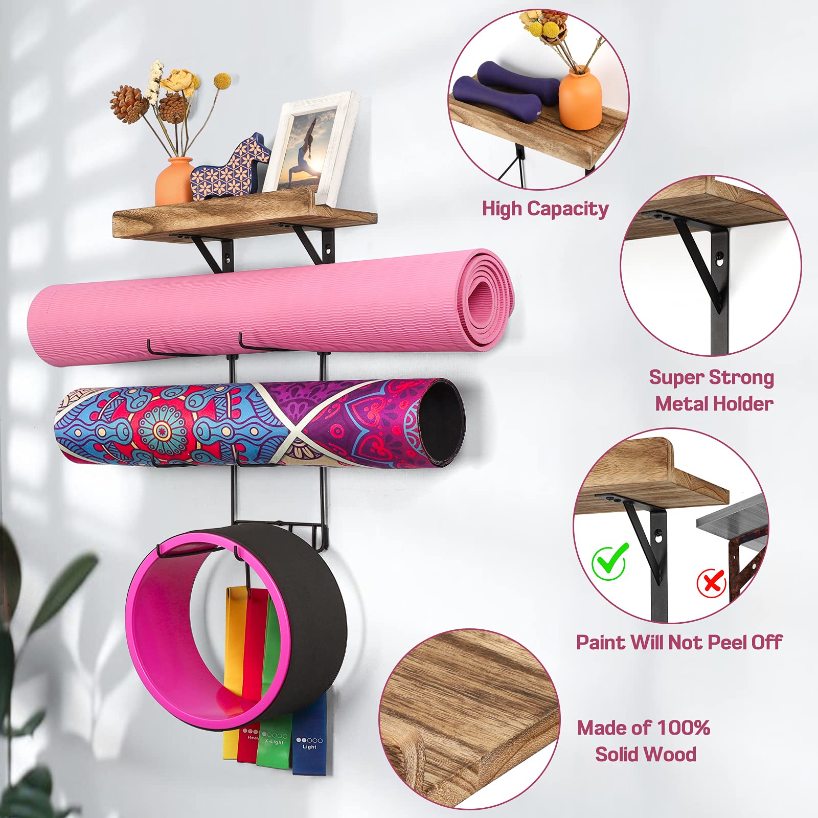 Bikoney Yoga Mat Holder Wall Mount Yoga Mat Storage Home Gym Accessories With Wood Floating Shelves And 4 Hooks For Hanging Foam