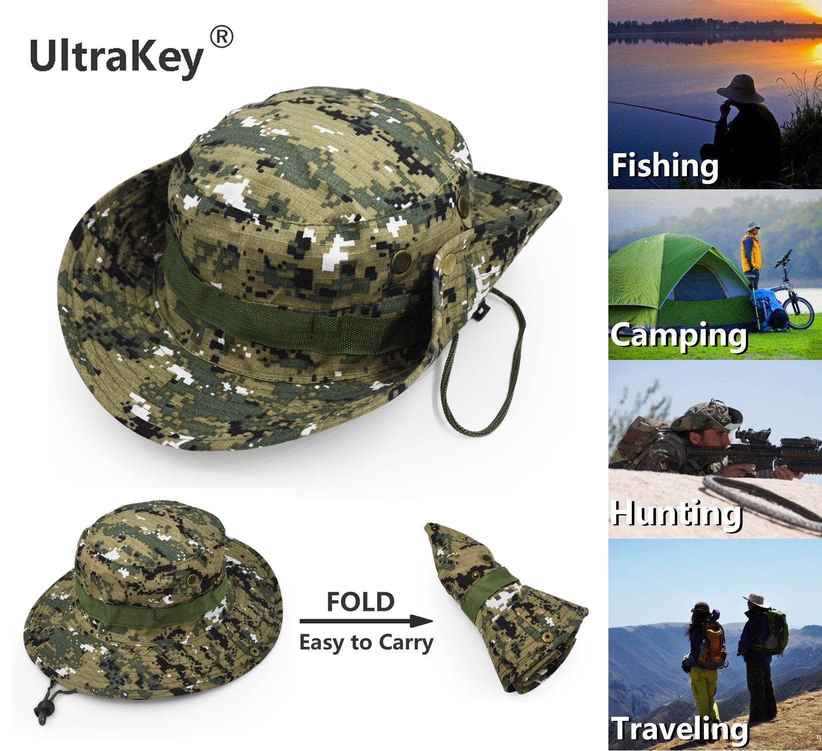 Outdoor Wide Brim Sun Protect Hat, Classic Us Combat Army Style Bush Jungle Sun Cap For Fishing Hunting Camping Green Digital Ac