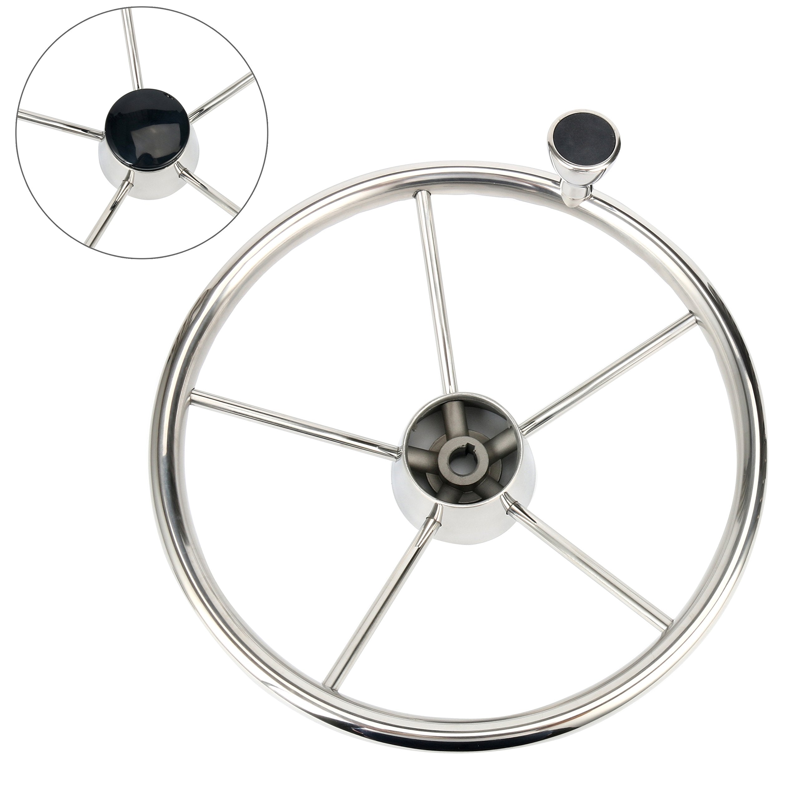 Amarine Made 5-Spoke 13-1/2 Inch Destroyer Style Stainless Boat Steering Wheel With M Size Knob - 9310Srf1