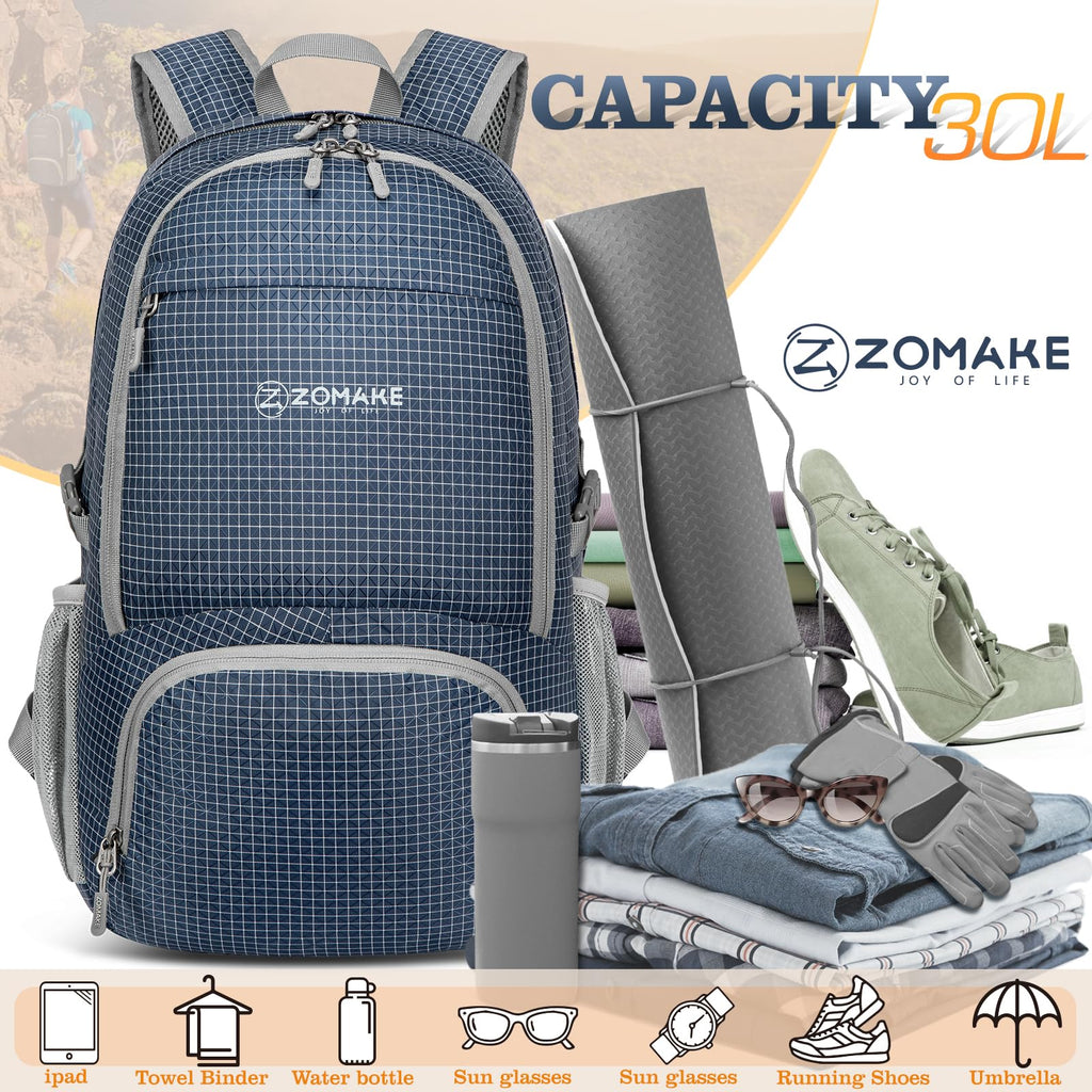 ZOMAKE Lightweight Packable Backpack 30L, Foldable Hiking Backpacks Water Resistant Compact Folding Daypack for Travel(Plaid Roy