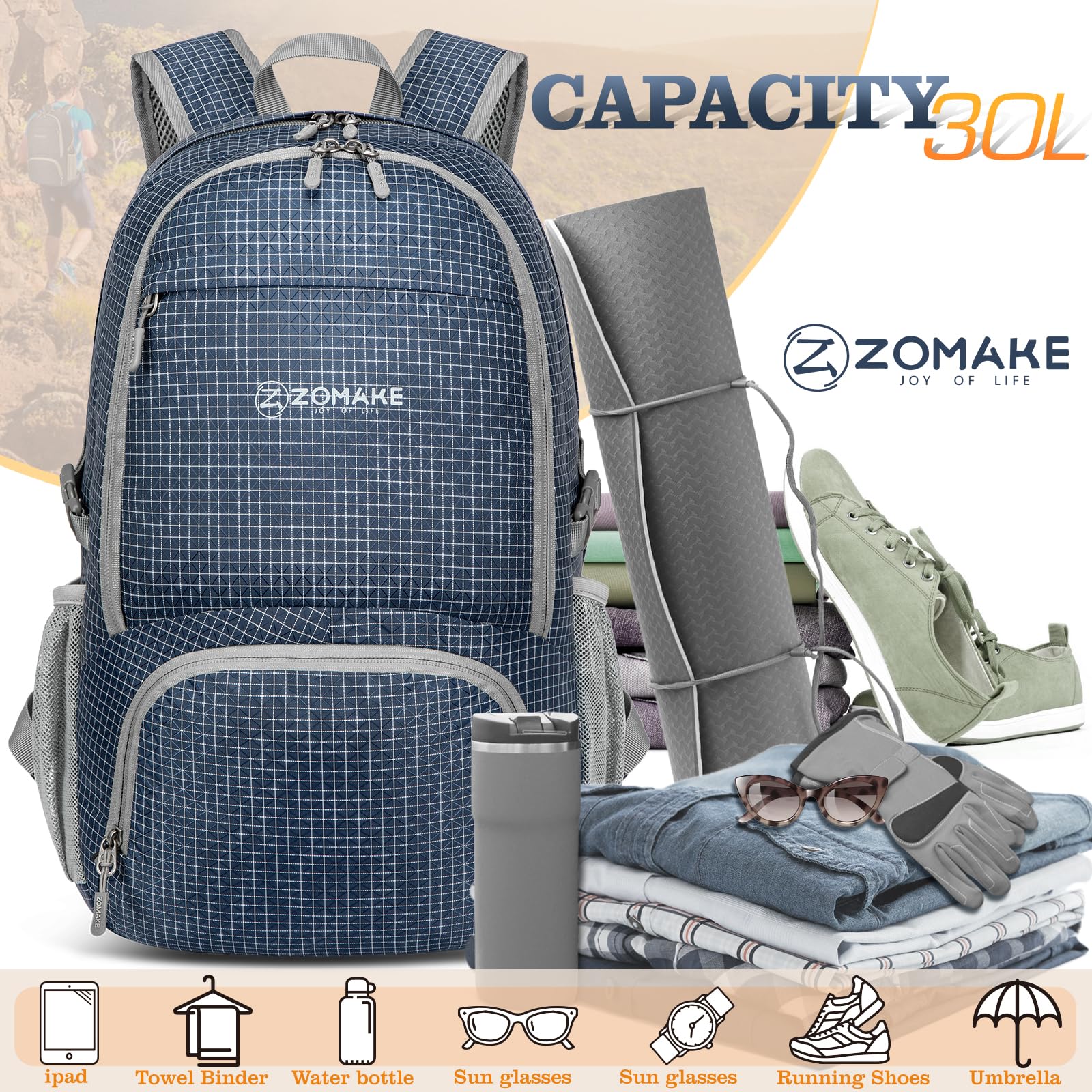ZOMAKE Lightweight Packable Backpack 30L, Foldable Hiking Backpacks Water Resistant Compact Folding Daypack for Travel(Plaid Roy