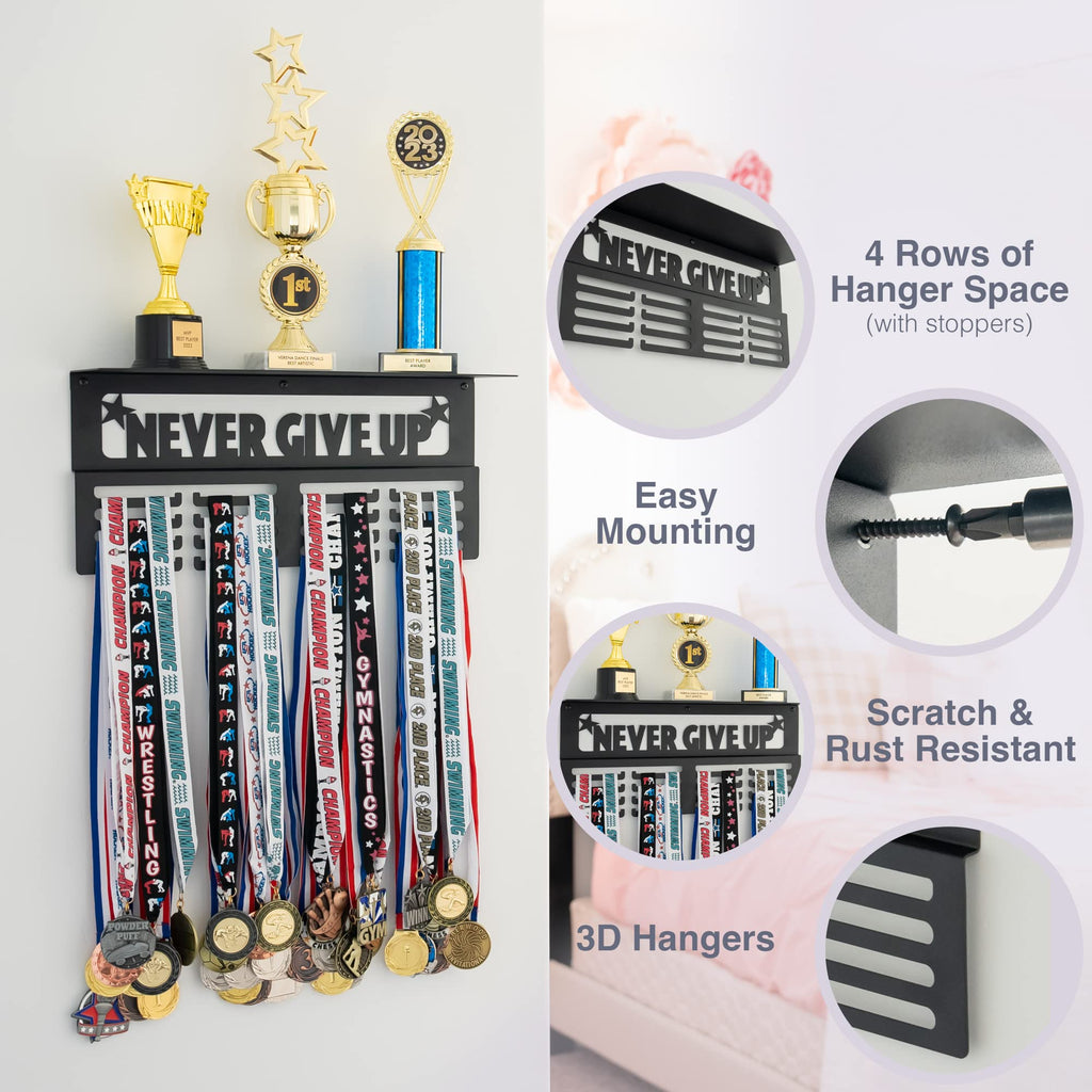Agathos Home Medal Hanger Display With Trophy Shelf - Metal Awards Rack For Walls Holds 64+ Sports Medals- Never Give Up 16'' Me