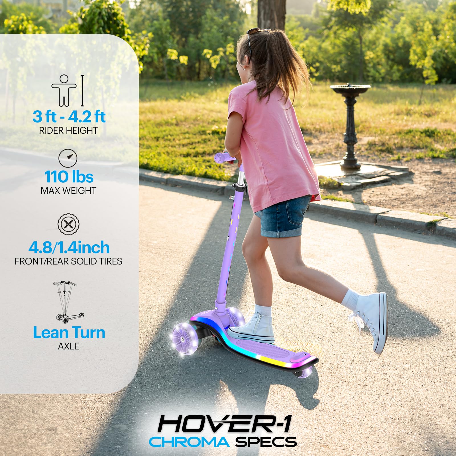 Hover-1 Chroma Folding Kick Scooter for Kids with Multicolor Wheel Lights, 3    Front Wheels, Rear Foot Brake, and 110 LB Weight