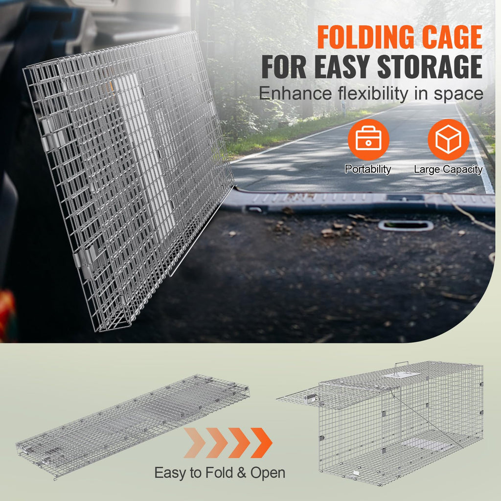 Vevor Live Animal Cage Trap, 50'' X 20'' X 26'' Humane Cat Trap Galvanized Iron, Folding Animal Trap With Handle For Stray Dogs,