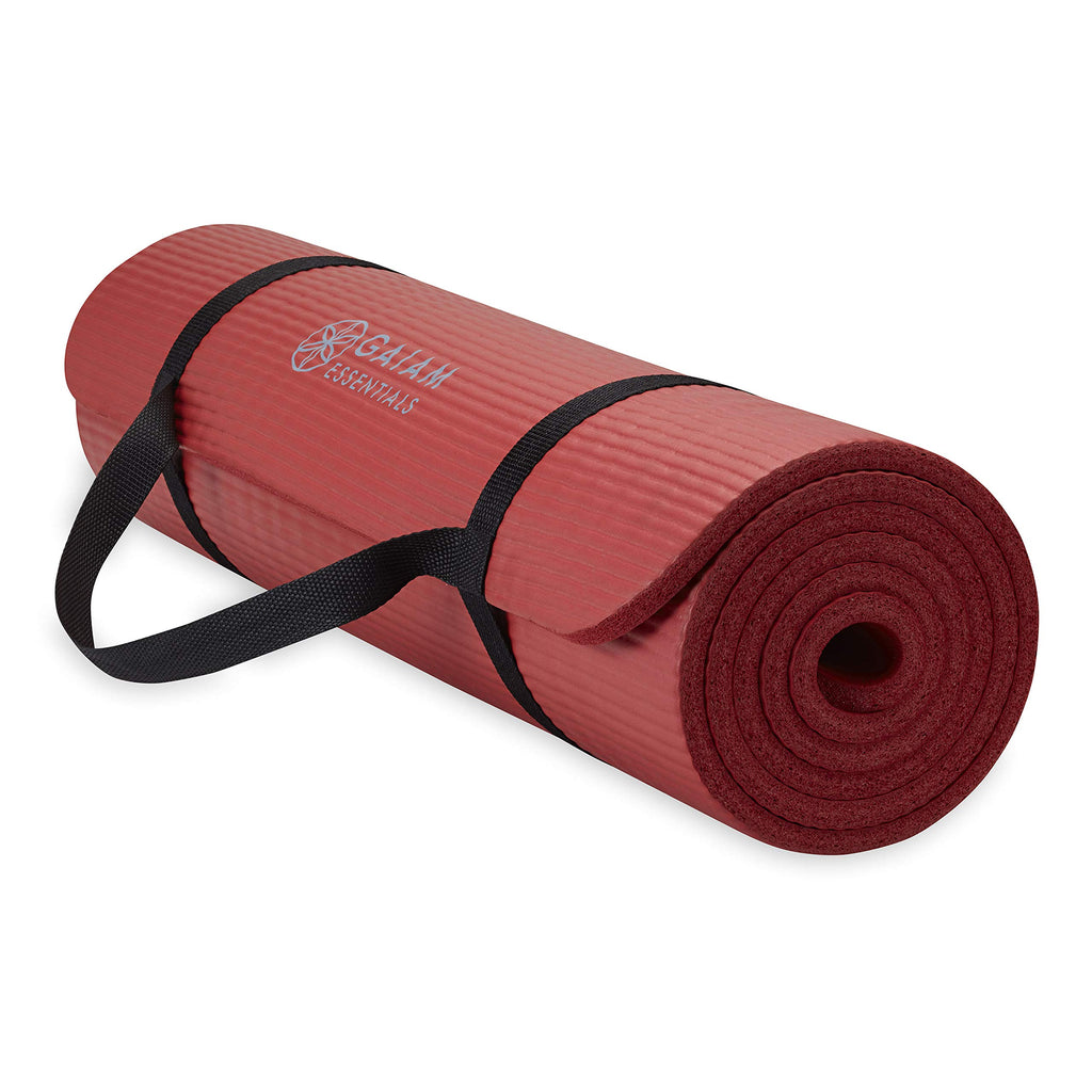 Gaiam Essentials Thick Yoga Mat Fitness & Exercise Mat With Easy-Cinch Carrier Strap, Red, 72''L X 24''W X 2/5 Inch Thick