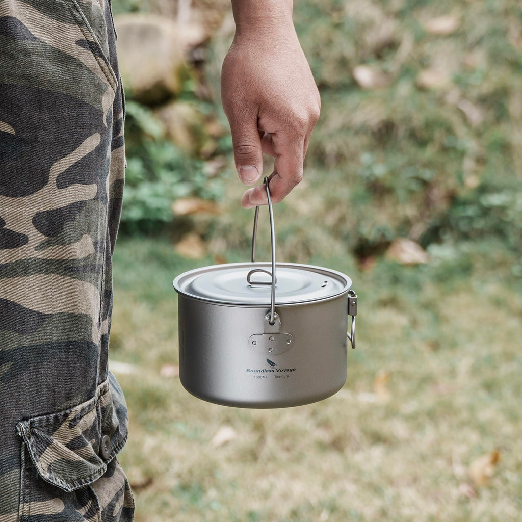 Ibasingo 1300Ml Outdoor Titanium Pot With Lid Folding Handle Camping Hiking Picnic Ultralight Bowl Tableware Only 166.5G Ti2043C