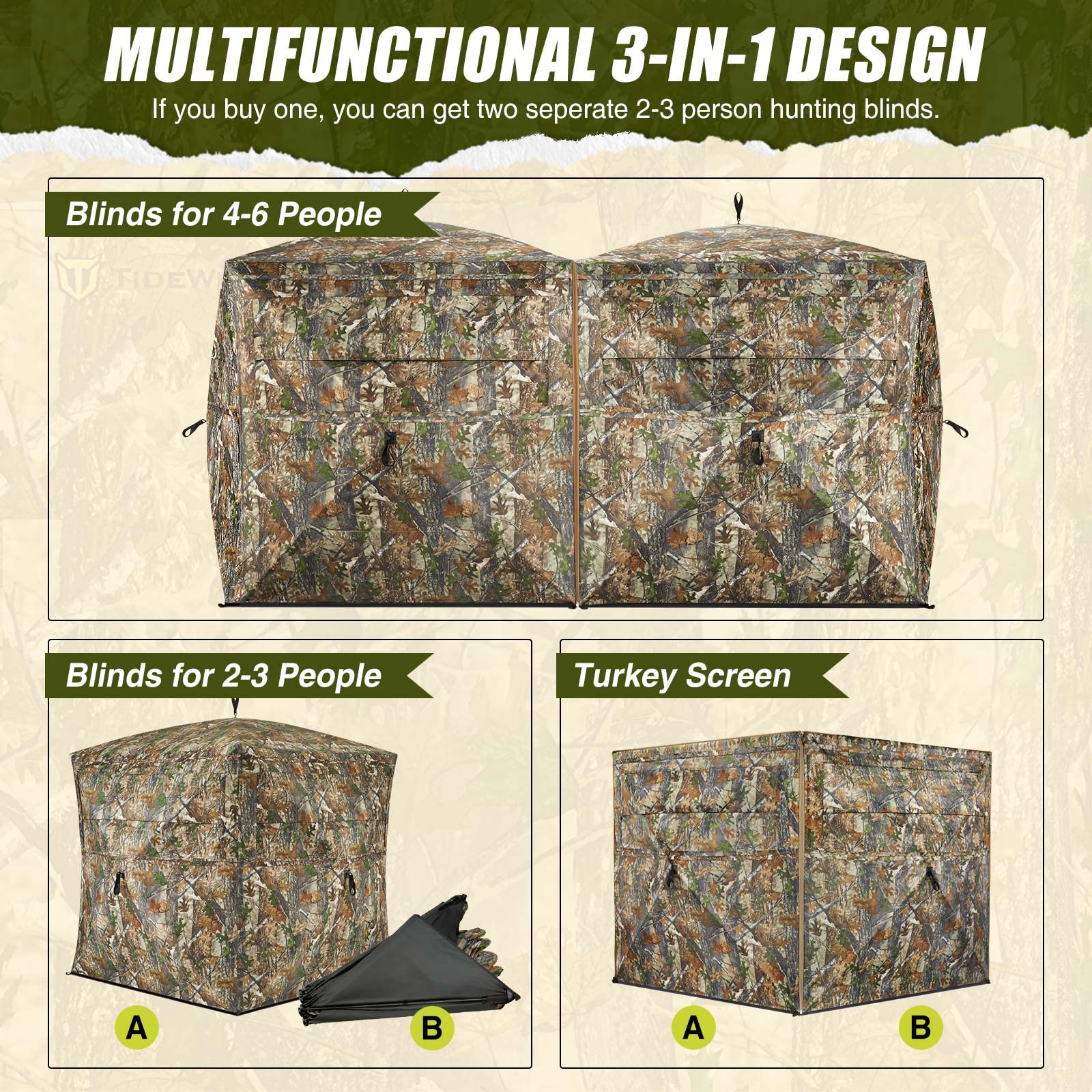 Tidewe Hunting Blind, Double Ground Blinds 270 See Through For 3-In-1 Use, 4-6 Person Pop Up Portable Hunting Tent Includes Carr