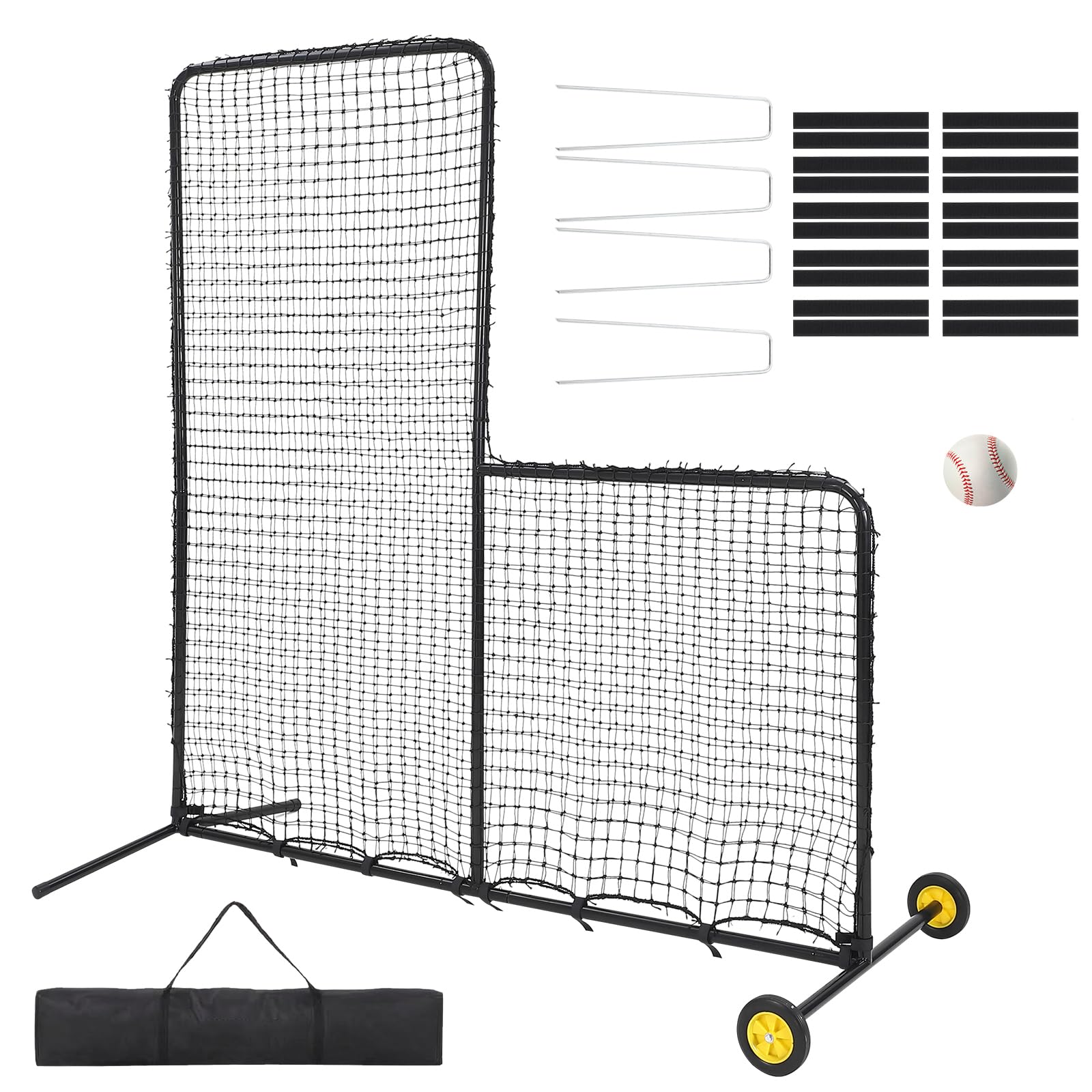 7x7FT L-Shaped Baseball Pitching Net with Wheels,Portable Steel L Screen,Protective Pitcher Screen Netting for Batting Cage, Sof