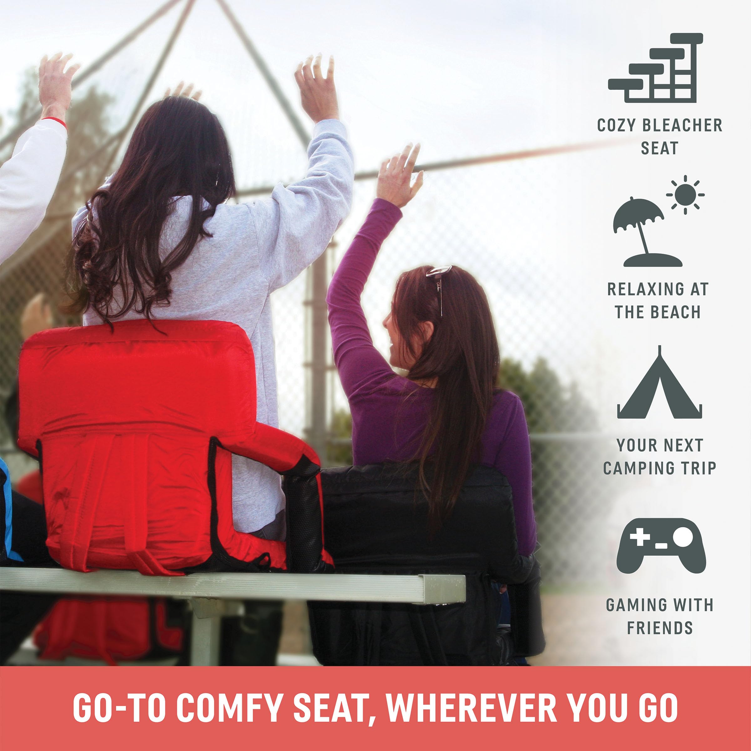 Oniva - A Picnic Time Brand Ventura Reclining Stadium Seat With Back Support - Bleacher Seat - Beach Floor Chair, (Black)