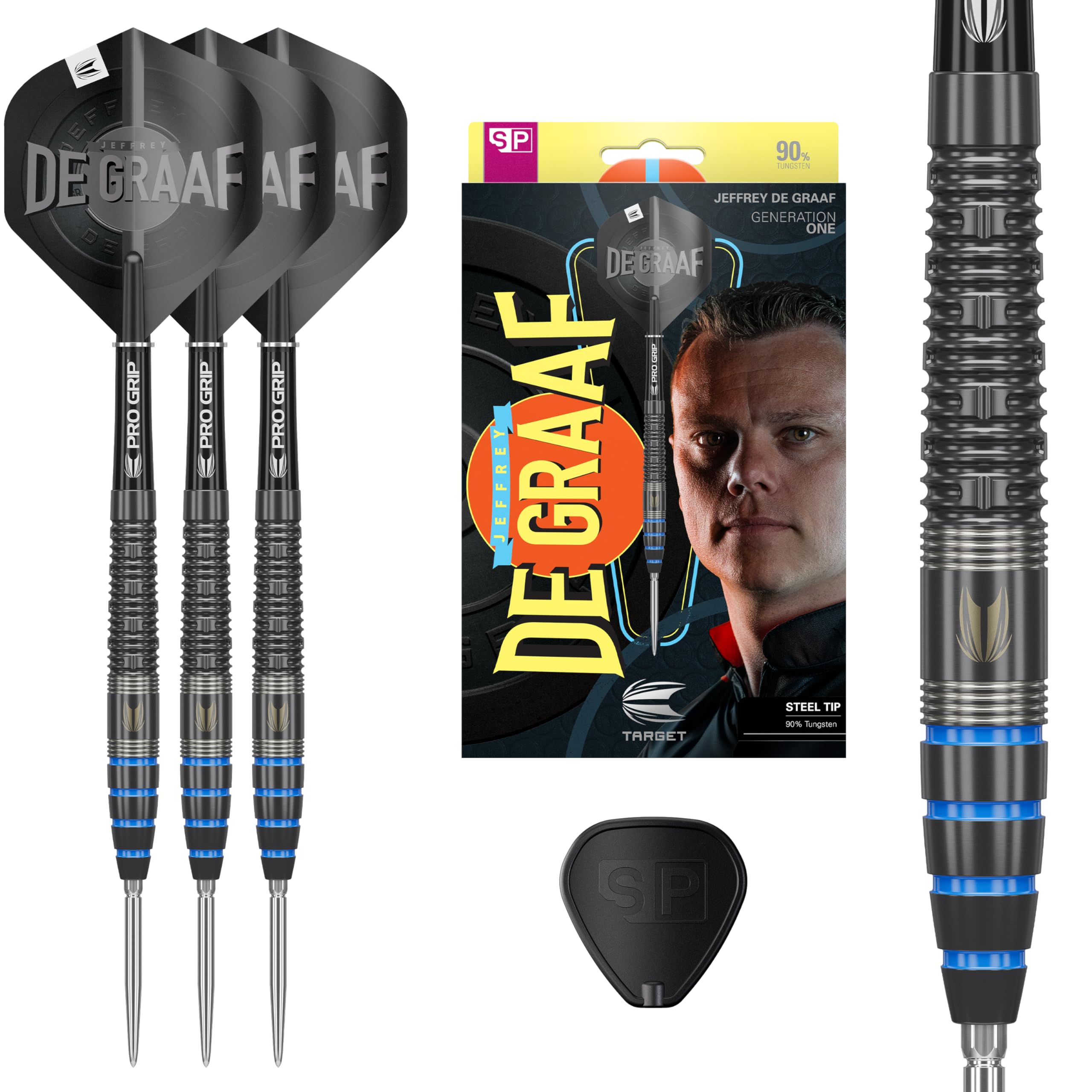 TARGET Darts Jeffrey de Graaf Gen 1 Steel Tip Swiss Point Darts, 90% Tungsten Darts, 23G | Generation 1 Black Steel Tip Darts, P