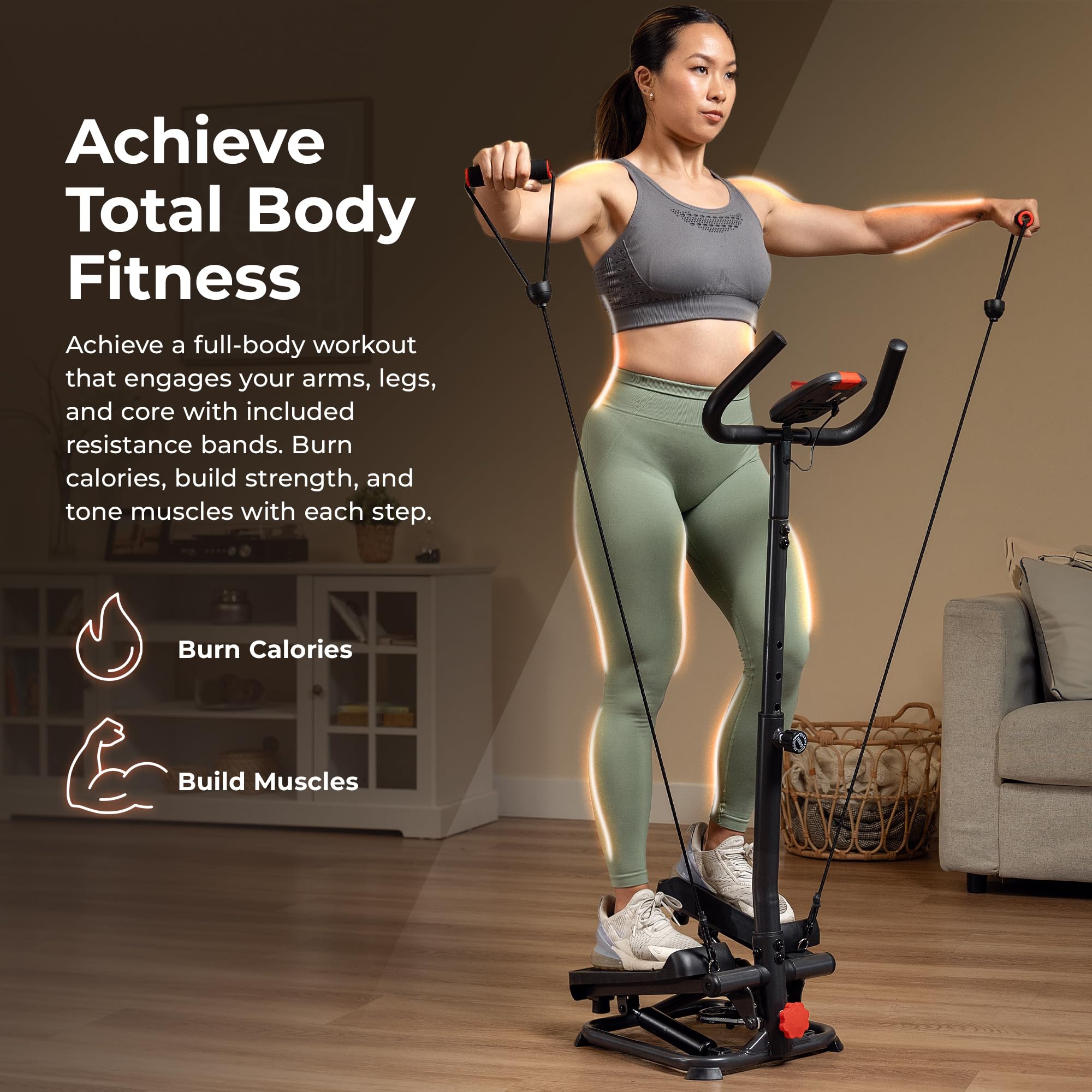 Sunny Health & Fitness Total Body 2-in-1 Smart Stepper Machine for Home with Handlebar and Resistance Bands, Total Body Workout,
