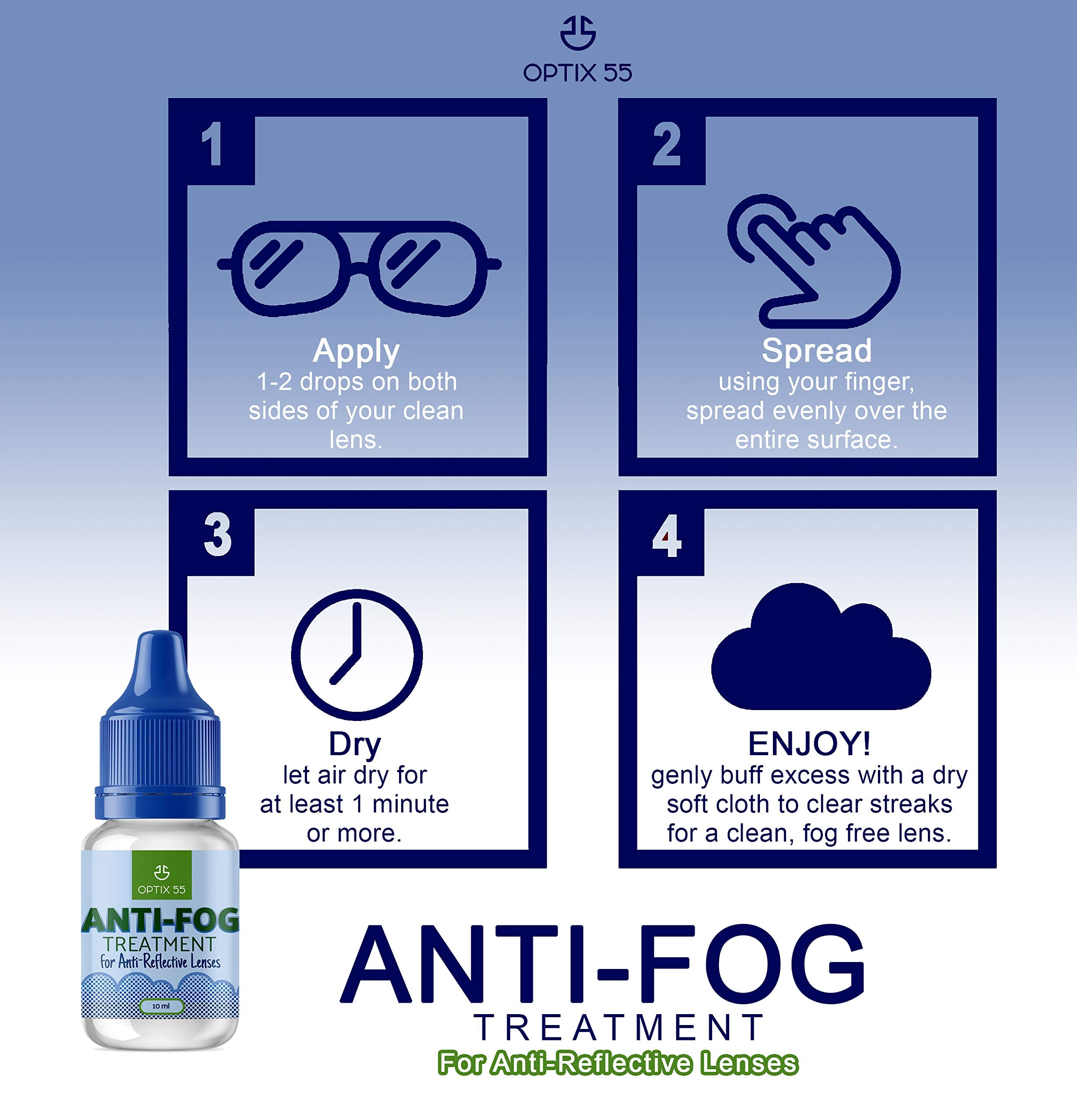 Optix 55 Anti Fog Treatment For Anti-Reflective Lenses (1 Pack) | Anti Fog For Goggles, Glasses, Snorkel Mask, Ski Masks | Super