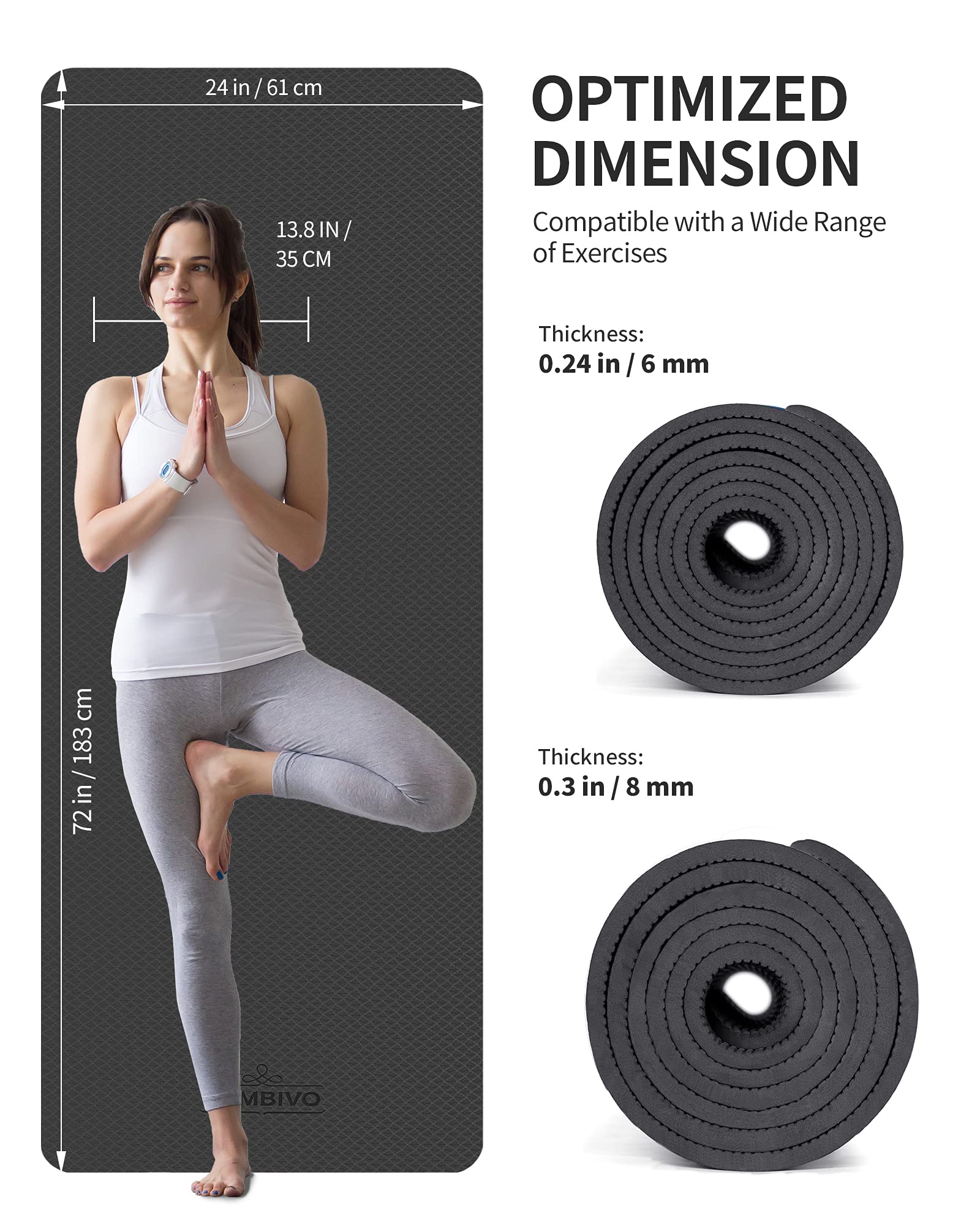 Cambivo Yoga Mat For Women Men Kids, 2/5 Inch, Extra Thick Yoga Mat Double-Sided Non Slip, Professional Tpe Yoga Mats, Workout M