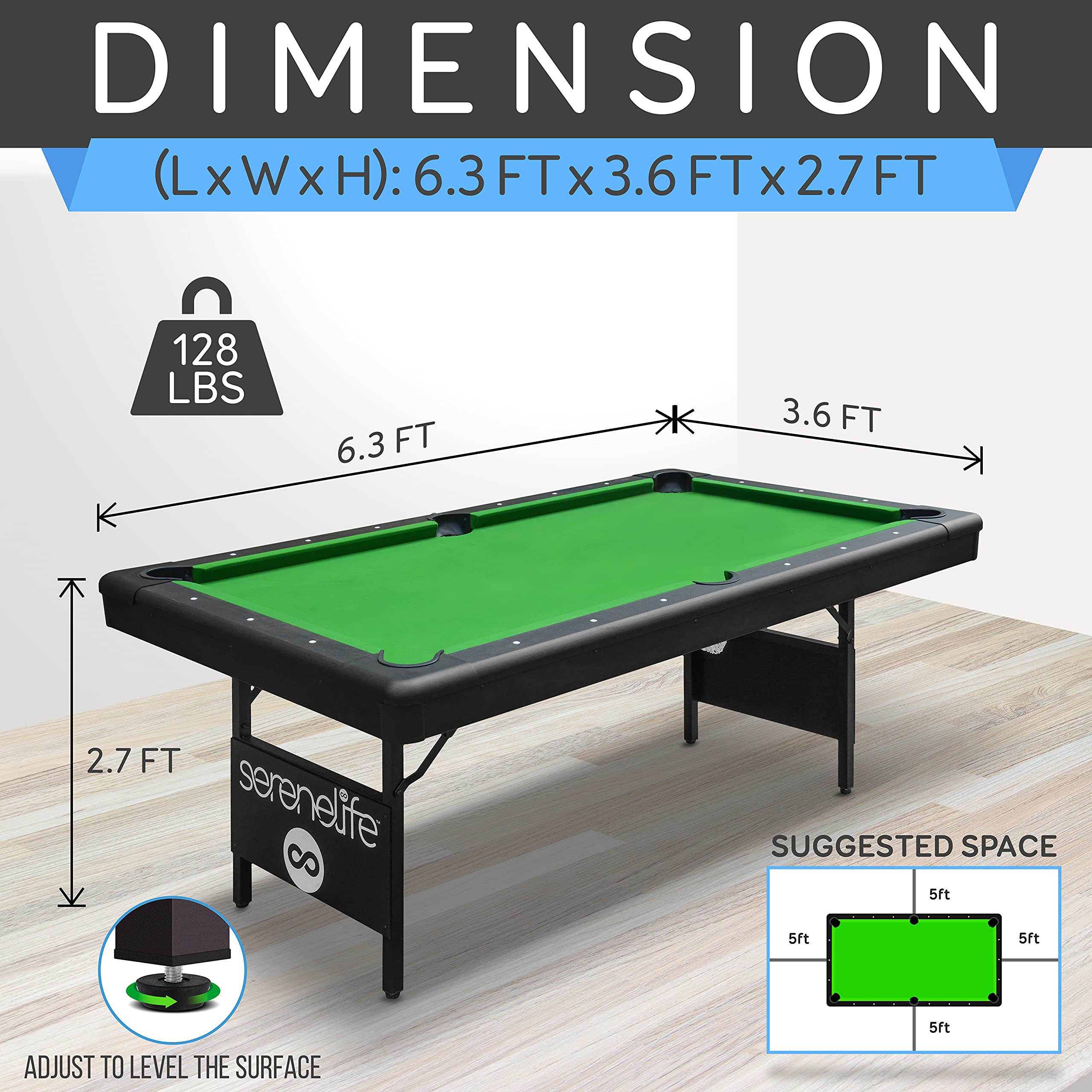 Serenelife 6-Ft Folding Pool Table - Portable Billiard Table - Includes 2X Cue Sticks, Full Set Of Balls, Chalk, Brush - Foldabl
