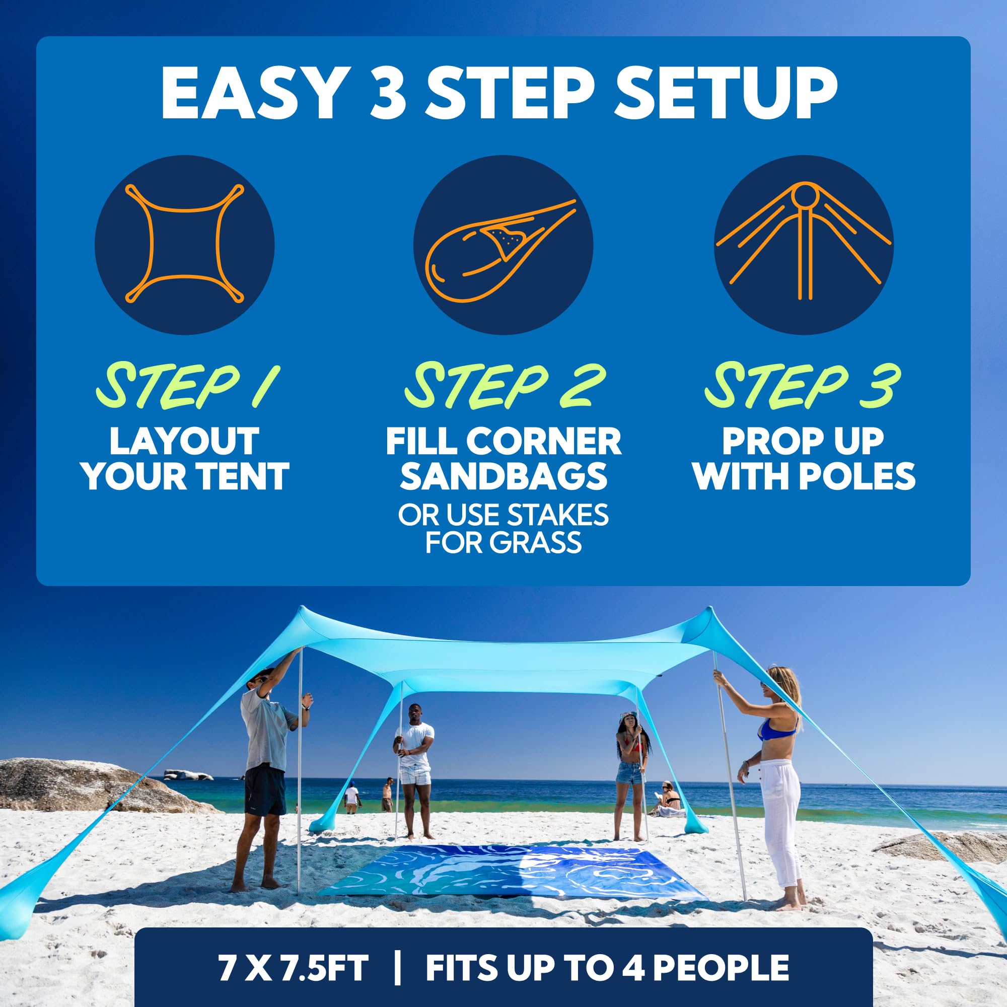 Sun Ninja Beach Tent Shelter With Upf50+ Protection, Includes Sand Shovel, Ground Pegs, Stability Poles, Outdoor Pop Up Shade Ca