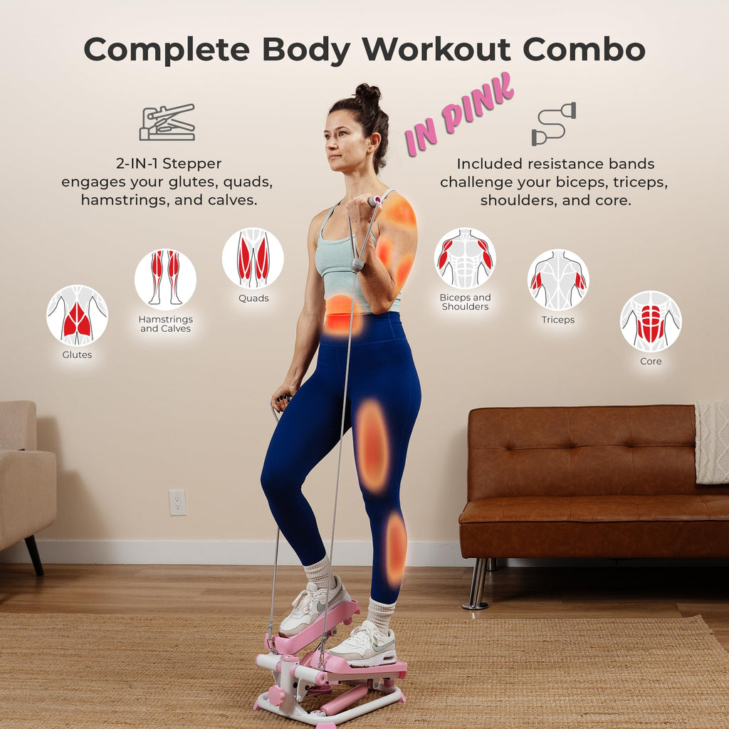 Sunny Health & Fitness Total Body 2-in-1 Stepper Machine, Total Body Workout, Adjustable Hydraulic, Resistance Bands, Non-Slip P