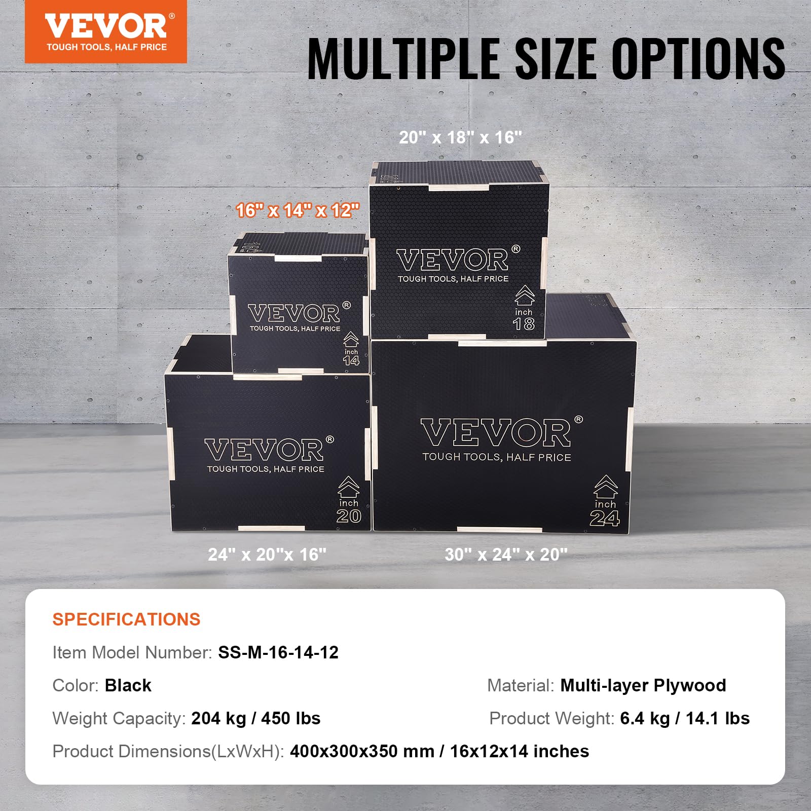 Vevor 3 In 1 Plyometric Jump Box, 16/14/12 Inch Wooden Plyo Box, Platform & Jumping Agility Box, Anti-Slip Fitness Exercise Step