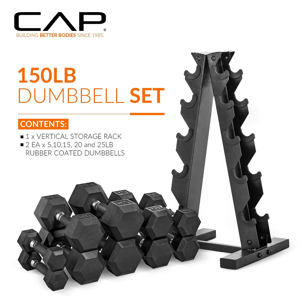 CAP Barbell 150lb Comfort Grip Rubber Hex Dumbbell Set with Vertical White Rack