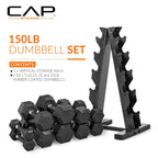 CAP Barbell 150lb Comfort Grip Rubber Hex Dumbbell Set with Vertical Yellow Rack