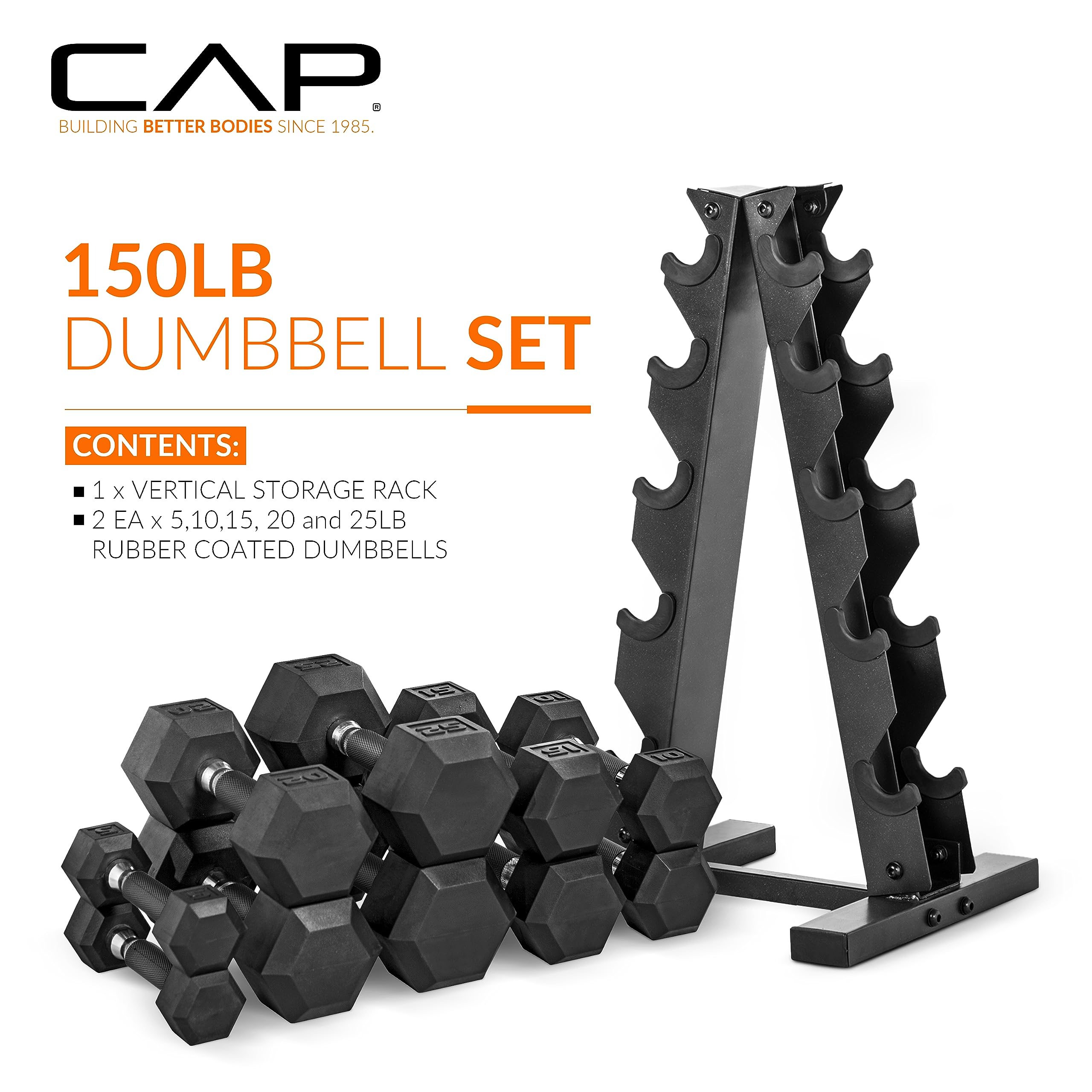 CAP Barbell 150lb Comfort Grip Rubber Hex Dumbbell Set with Vertical Yellow Rack