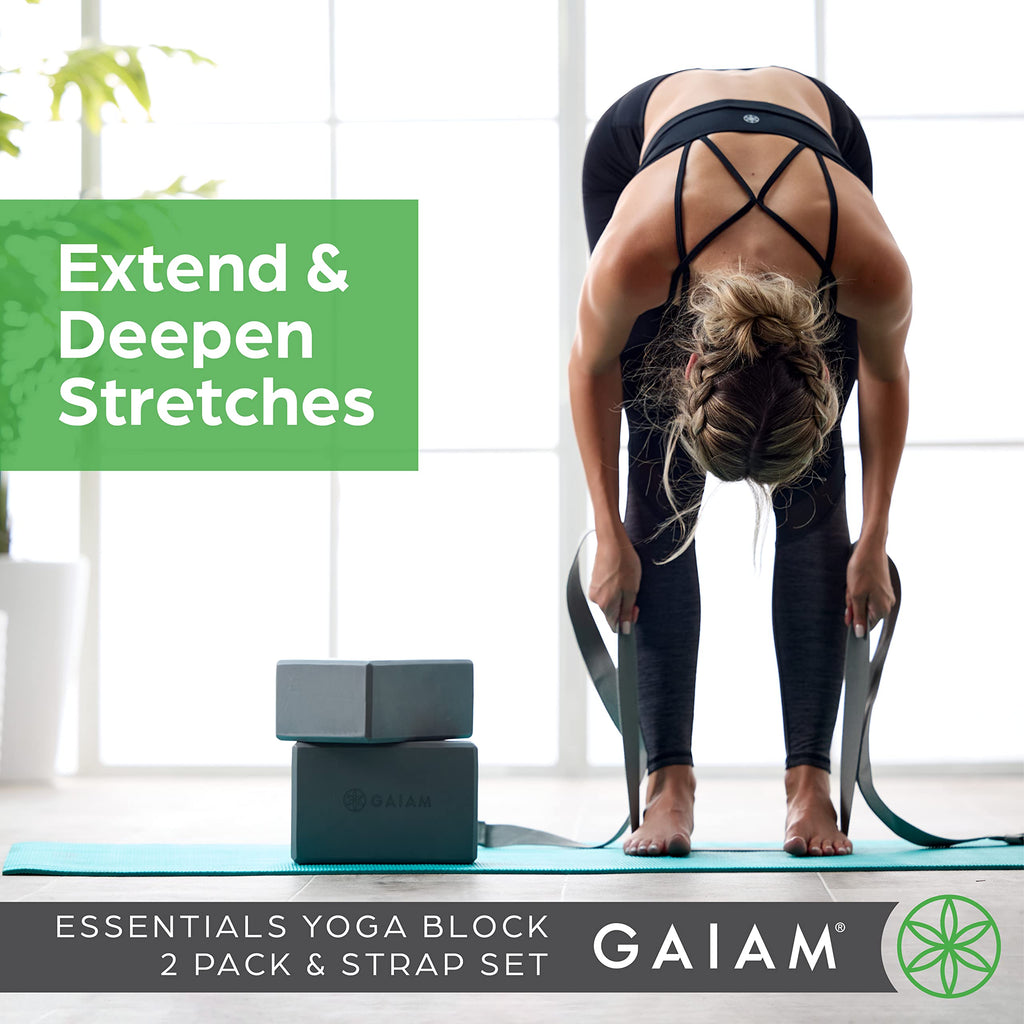 Gaiam Essentials Yoga Block 2 Pack & Yoga Strap Set, Deep Purple, 9'' W X 6'' H X 4'' D