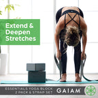 Gaiam Yoga Block 2 Pack & Yoga Strap Combo Set - Yoga Blocks With Strap, Pilates & Yoga Props To Help Extend & Deepen Stretches,