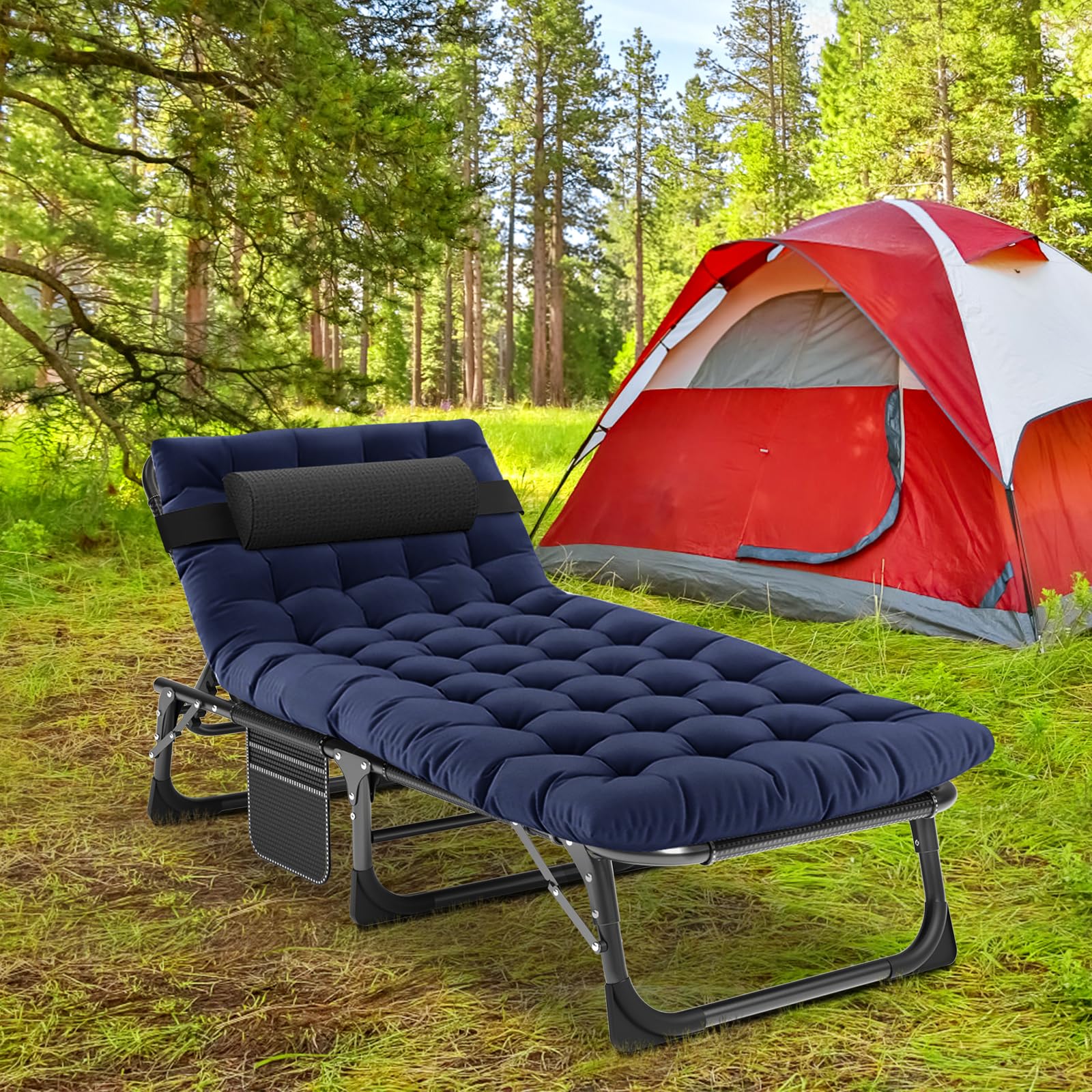 Portable Folding Camping Cot, Adjustable 4-Position Adults Reclining Chaise With Pillow, Outdoor Lounge Chair Sleeping Cots Bed,