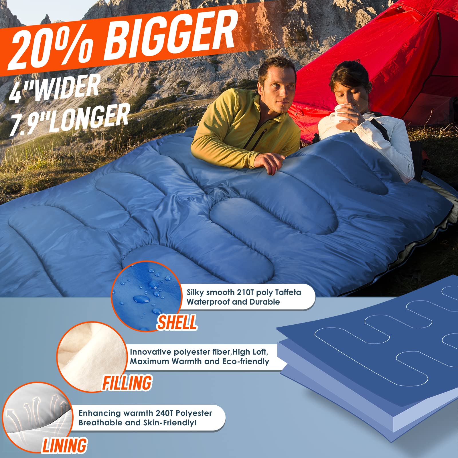 Mereza Double Sleeping Bag For Adults Mens With Pillow, Xl Queen Size For All Season Camping Hiking Backpacking 2 Person Sleepin