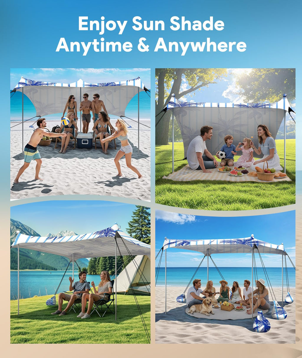 Raynesys Beach Tent Sun Shelter, 10 X 10 Ft Beach Canopy Tent Sun Shade, Upf50+ Tents Canopy With 8 Sandbags & 4 Stability Poles