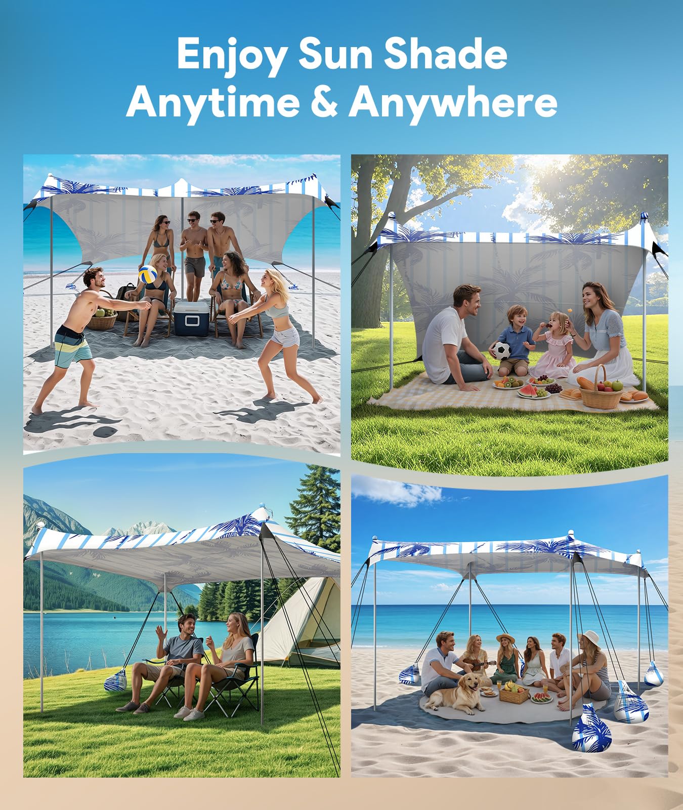 Raynesys Beach Tent Sun Shelter, 10 X 10 Ft Beach Canopy Tent Sun Shade, Upf50+ Tents Canopy With 8 Sandbags & 4 Stability Poles