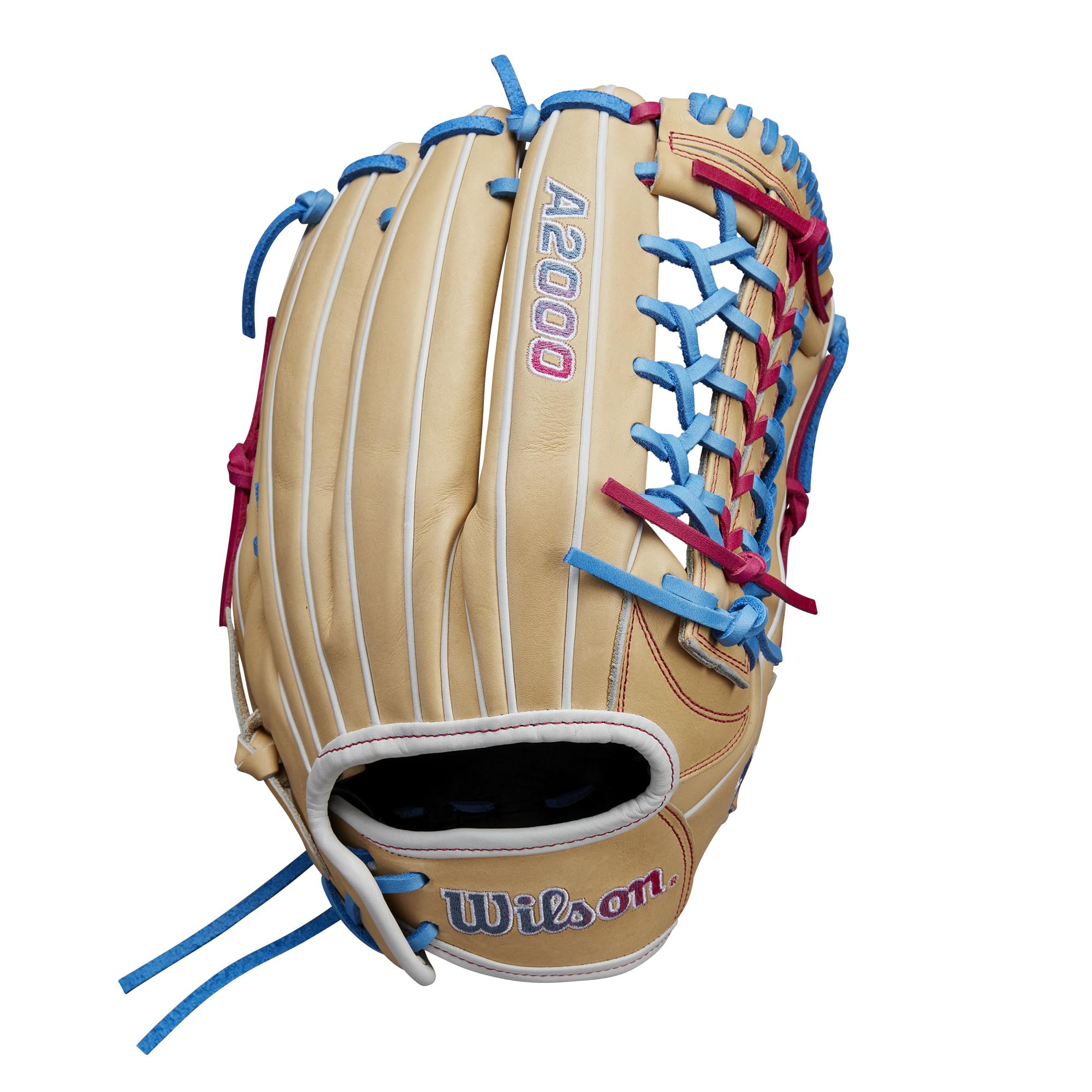 Wilson Winter 2024 A2000 T125 12.5'' Outfield Fastpitch Glove - Blonde/Blue/Flamingo, Left Hand Throw