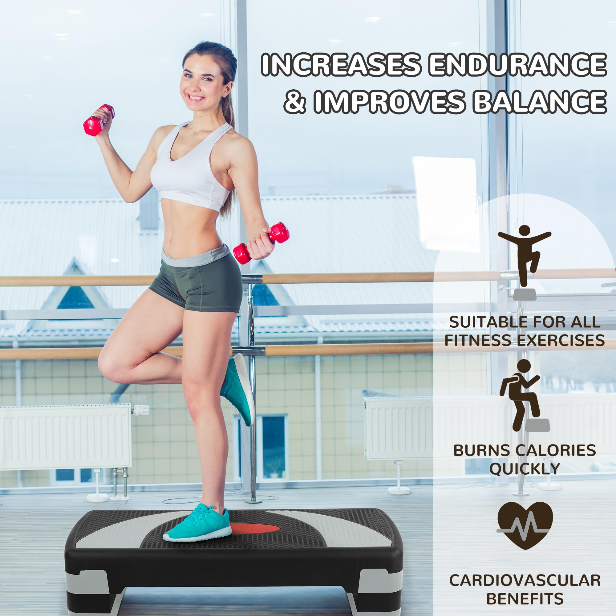 Fitvids Aerobic Step Platform, 3 Levels Adjustable Height Workout Step Platform for Exercise at Home, 4 Stackable Risers, Non-Sl