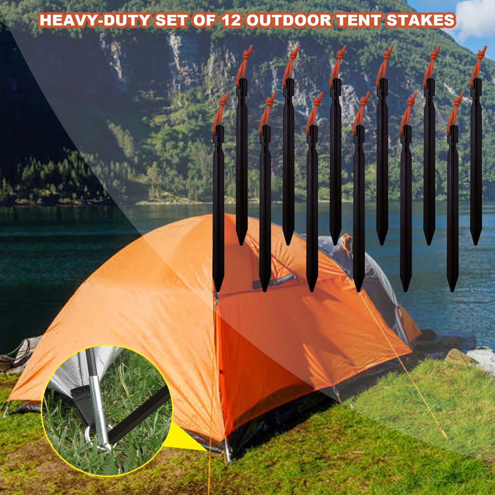 12 Pack Tent Stakes, 7075 Ground Metal Camping Aluminum Tent Pegs, Lightweight Stakes Heavy Duty Spikes Camping Accessories, Bla