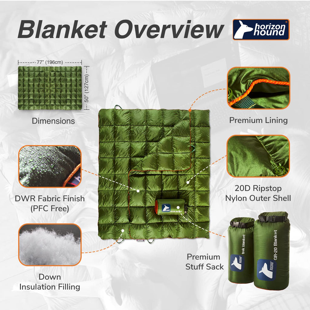 Horizon Hound Down Camping Blanket - Gr-20, Green Travel Blanket | Sustainable Insulated Down | Lightweight & Warm Quilt For Cam