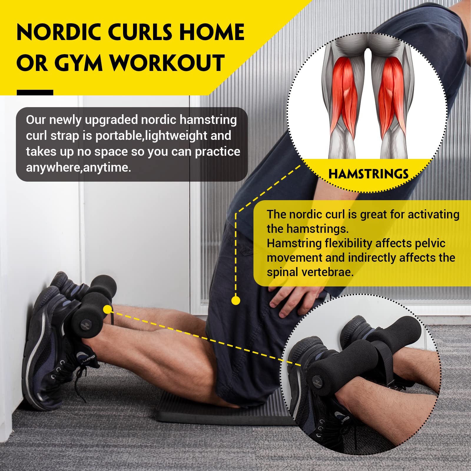 Nordic Hamstring Curl Strap - Holds 420 Pounds, Great For Hamstring Curls, Sit-Ups, Spanish Squats & Ab Workout - 5 Second Setup