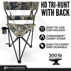 Black Sierra Xl Tripod Hunting Stool, Foldable Tripod Seat W/Steel Frame Supports 300 Lbs, Heavy Duty Fishing Chair Features Cup