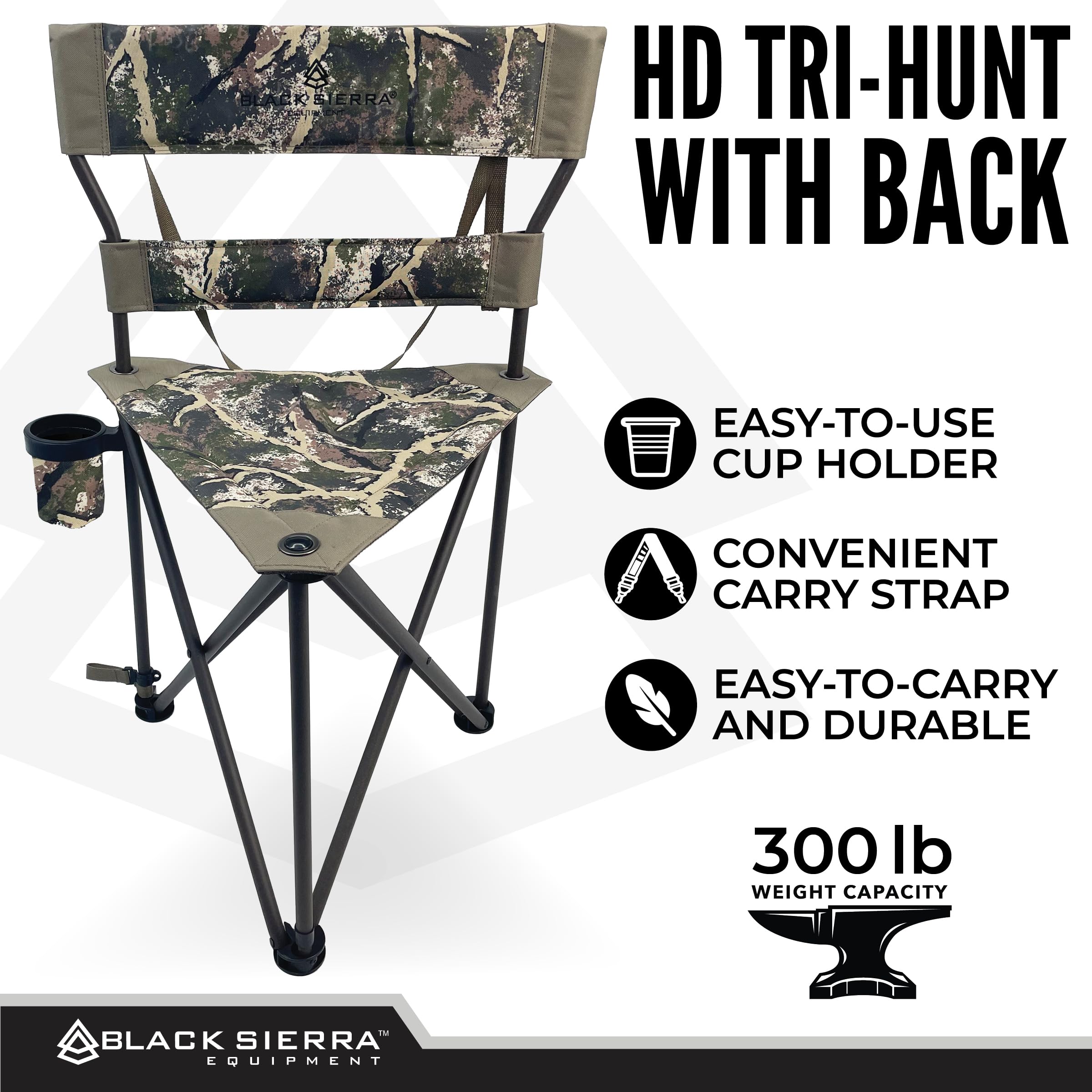 Black Sierra Xl Tripod Hunting Stool, Foldable Tripod Seat W/Steel Frame Supports 300 Lbs, Heavy Duty Fishing Chair Features Cup