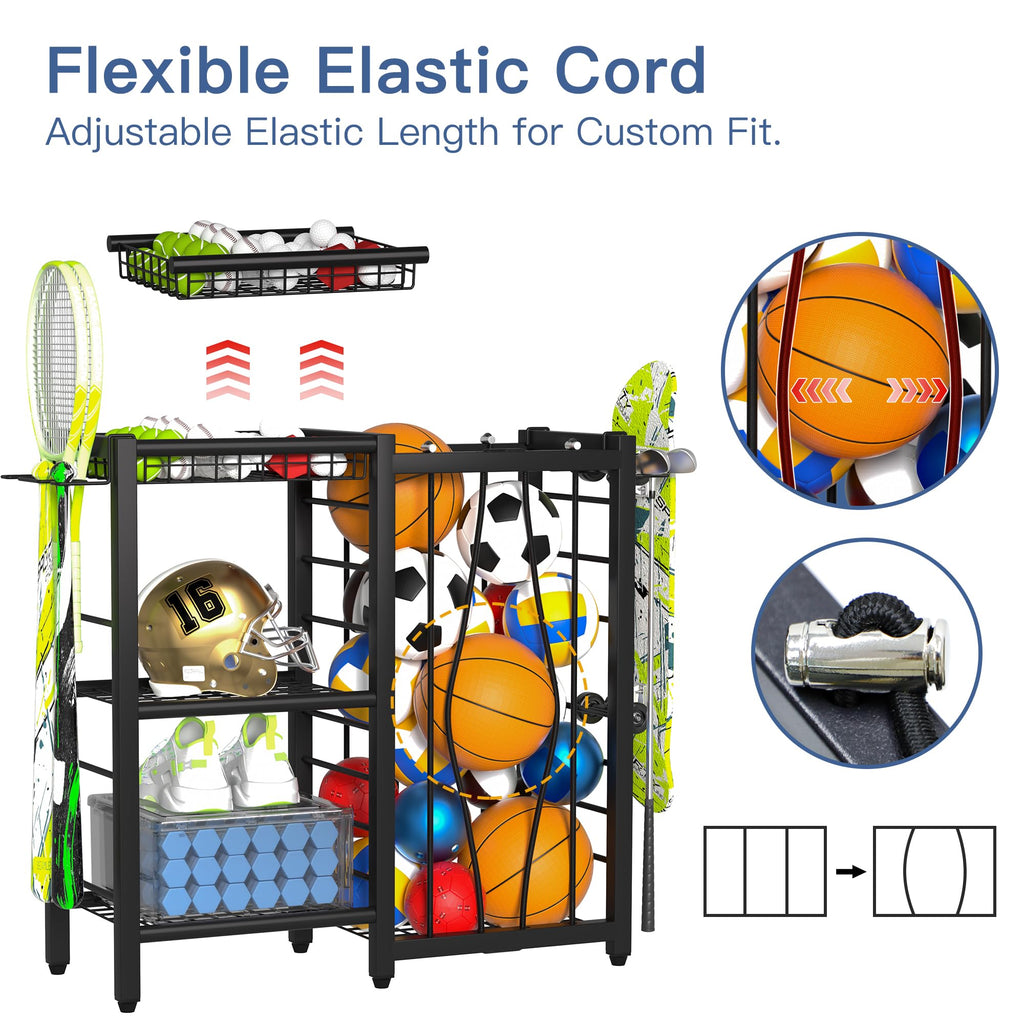 Famidge Sports Equipment Organizer, Ball Storage Rack With Elastic Straps, Garage Sports Organizer Storage Cart With Hooks, Bask