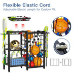 Famidge Sports Equipment Organizer, Ball Storage Rack With Elastic Straps, Garage Sports Organizer Storage Cart With Hooks, Bask
