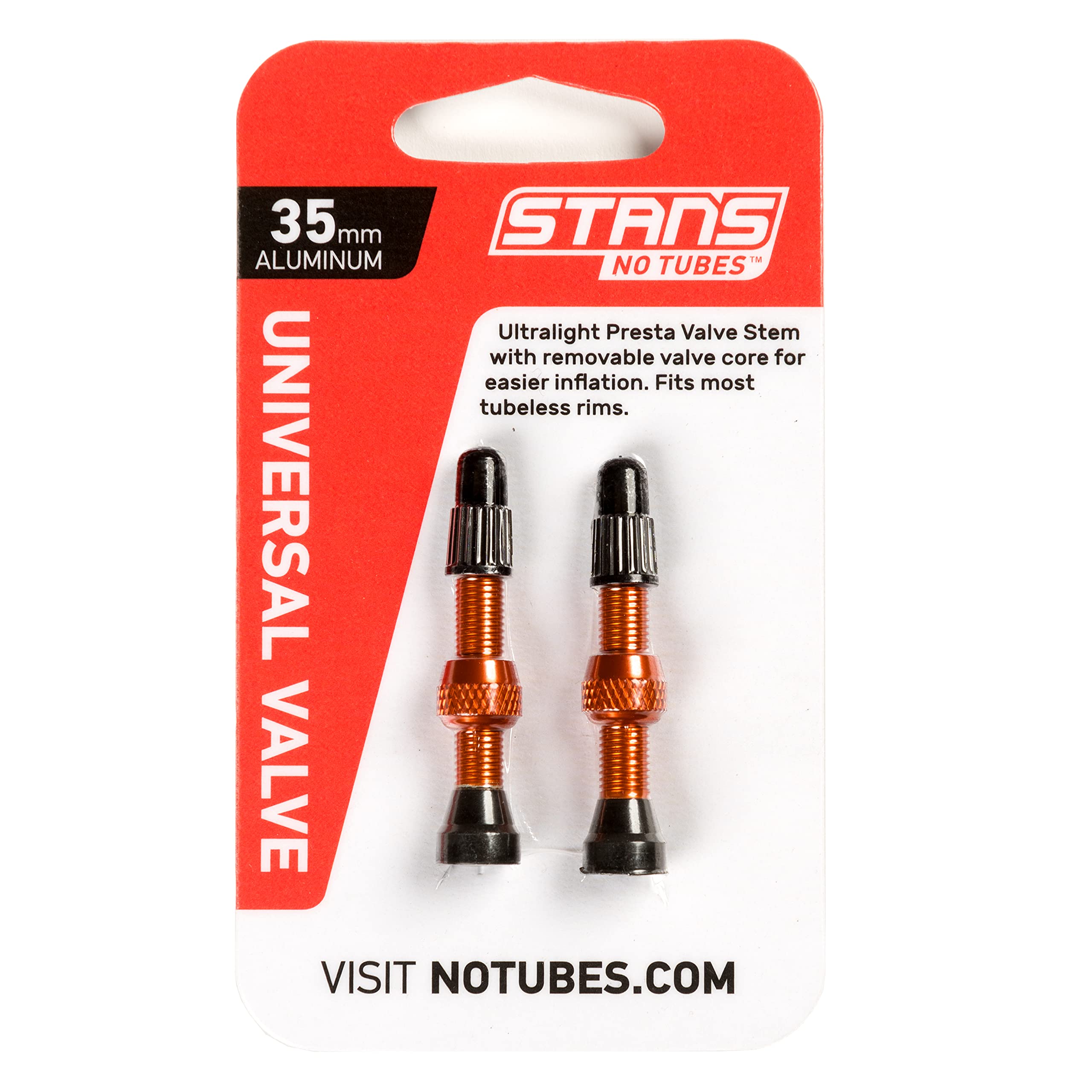 Stan'S Notubes Universal Tubeless Presta Valve Stem Pair, Aluminum Stems, 35 Mm, Orange