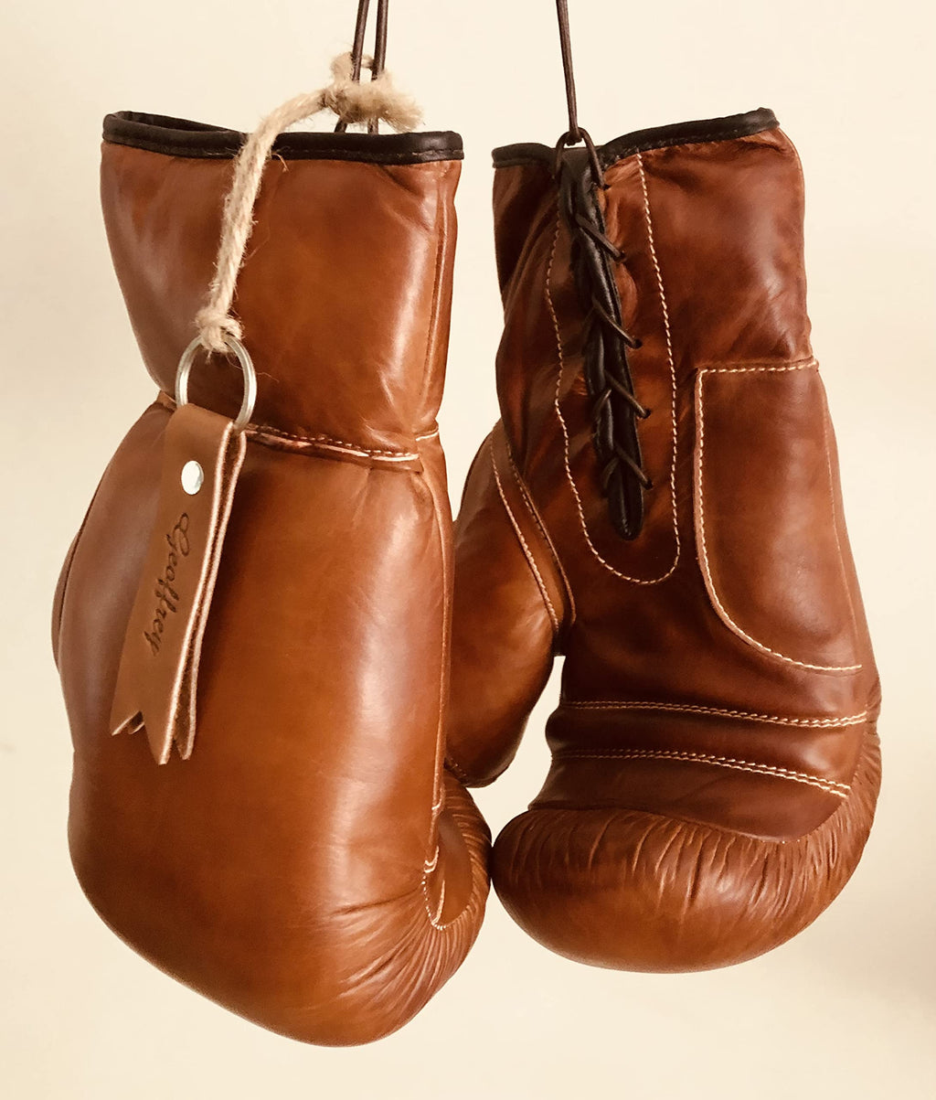 Geoffrey Tan Leather Vintage Boxing Gloves With Leather Laces  12Oz  Retro (Tan), Large