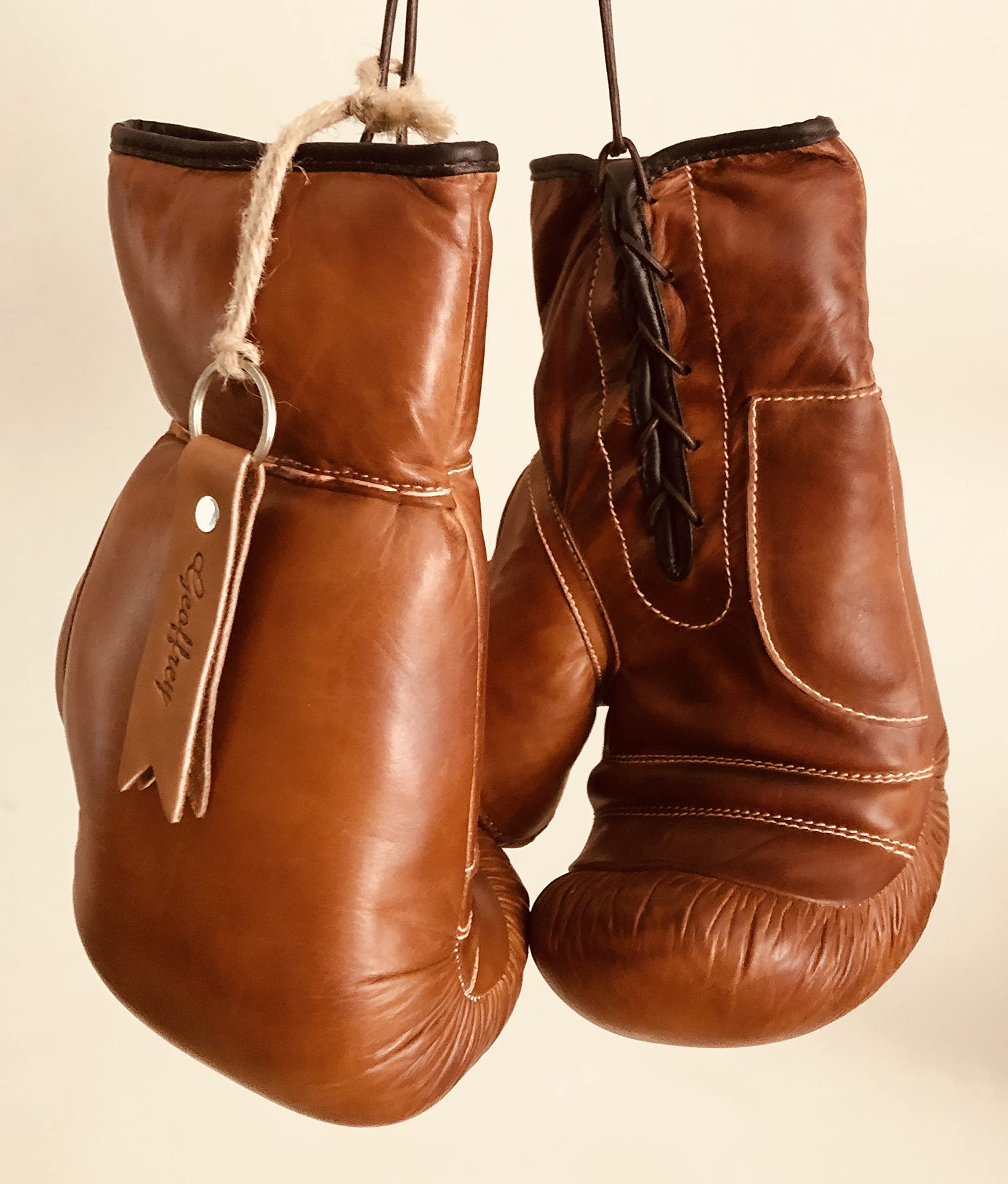 Geoffrey Tan Leather Vintage Boxing Gloves With Leather Laces  12Oz  Retro (Tan), Large